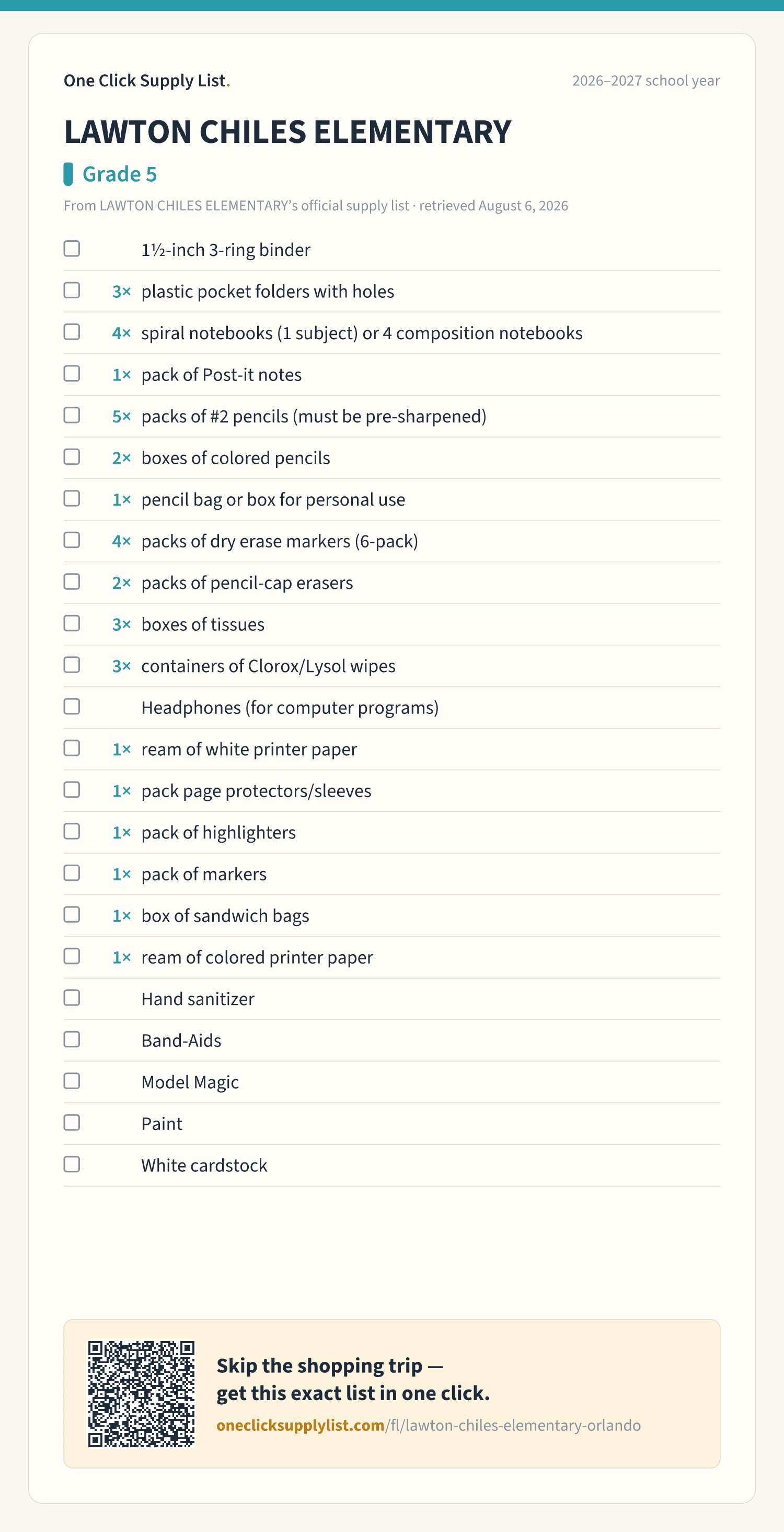 LAWTON CHILES ELEMENTARY Grade 5 supply list — printable image