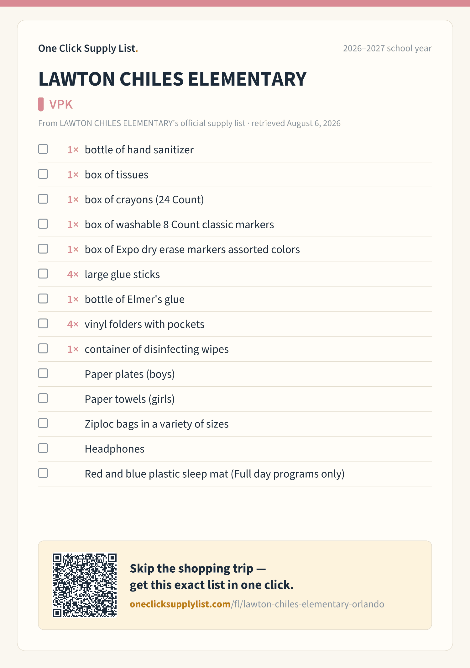 LAWTON CHILES ELEMENTARY VPK supply list — printable image