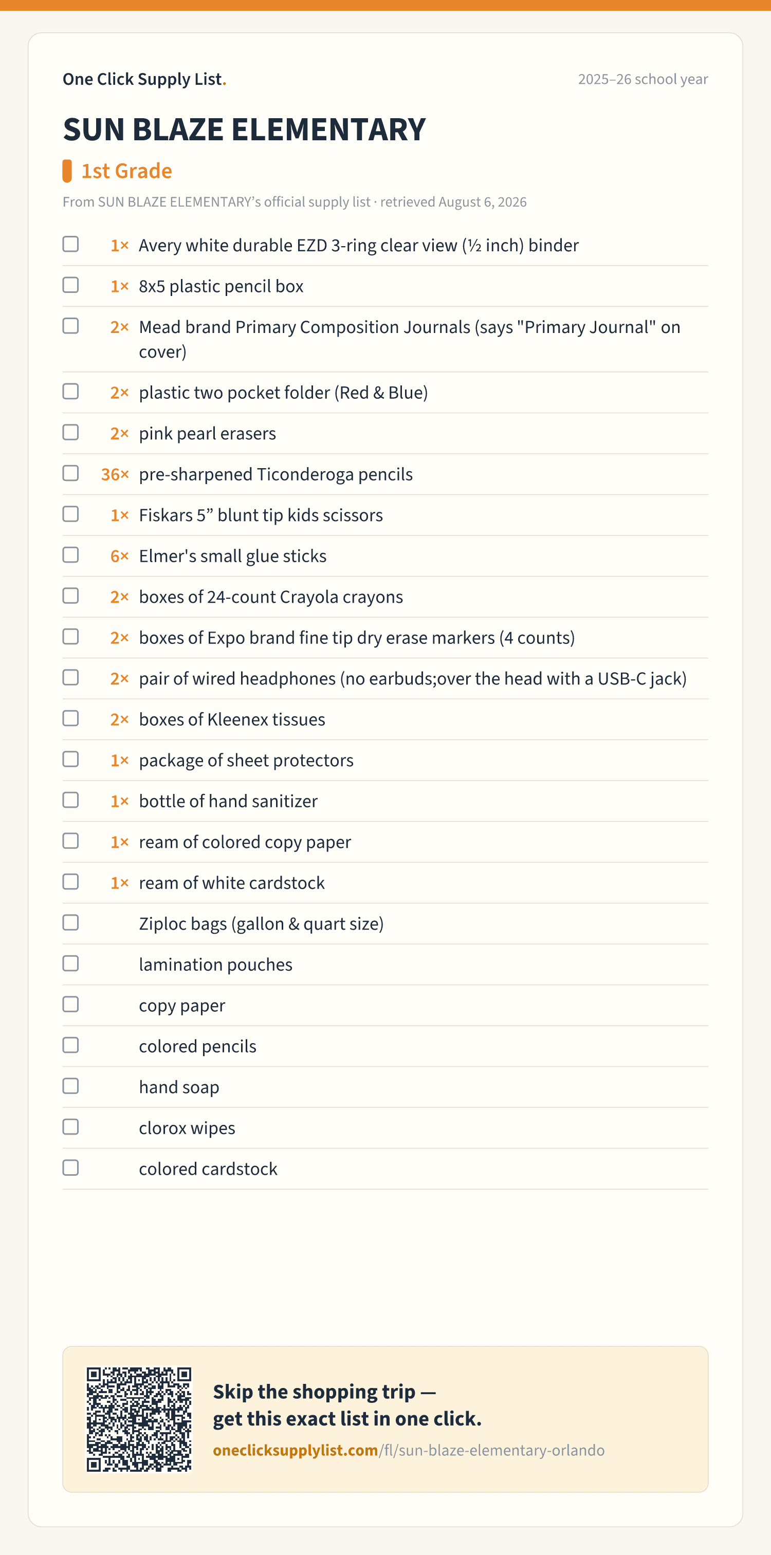 SUN BLAZE ELEMENTARY 1st Grade supply list — printable image