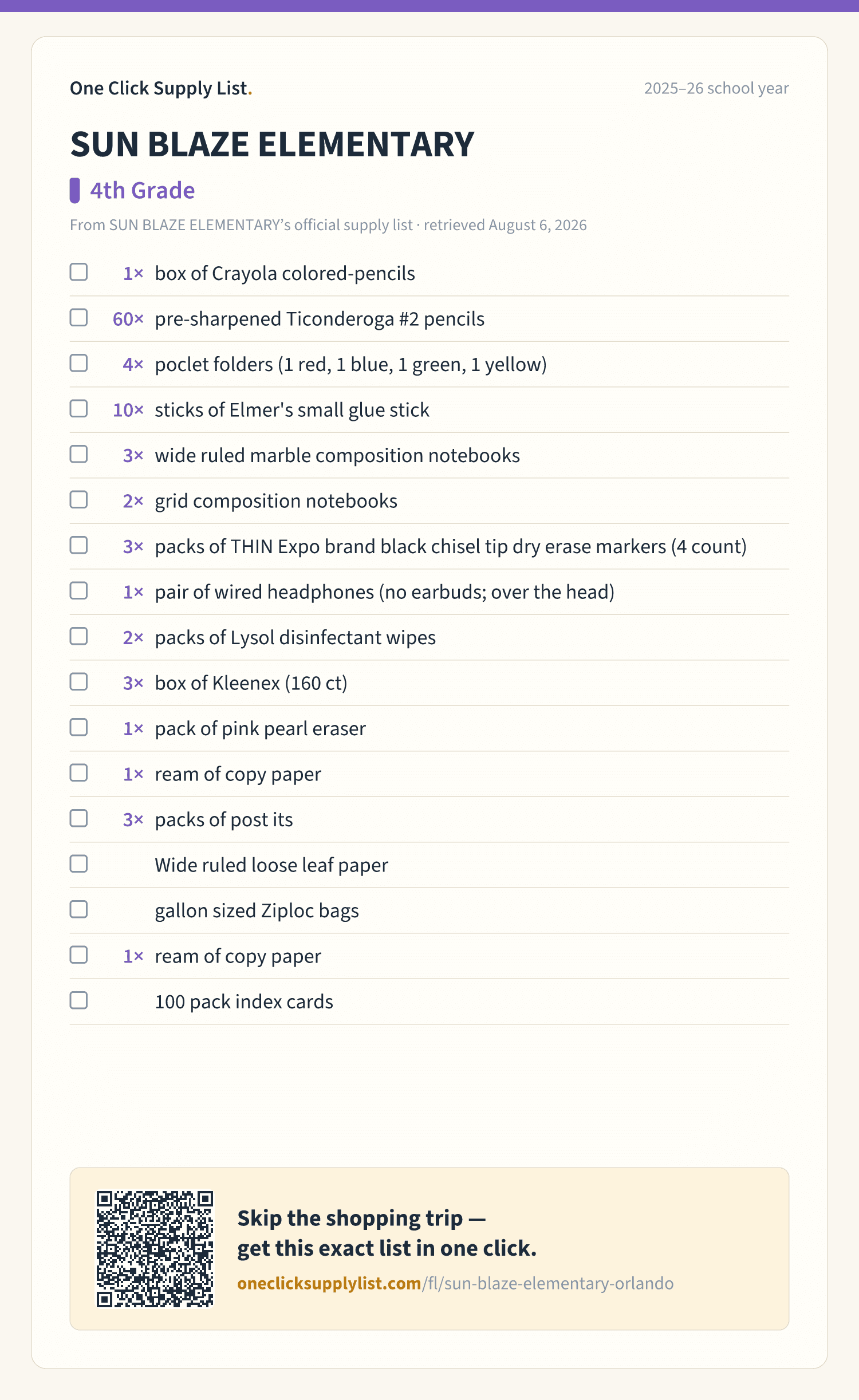 SUN BLAZE ELEMENTARY 4th Grade supply list — printable image