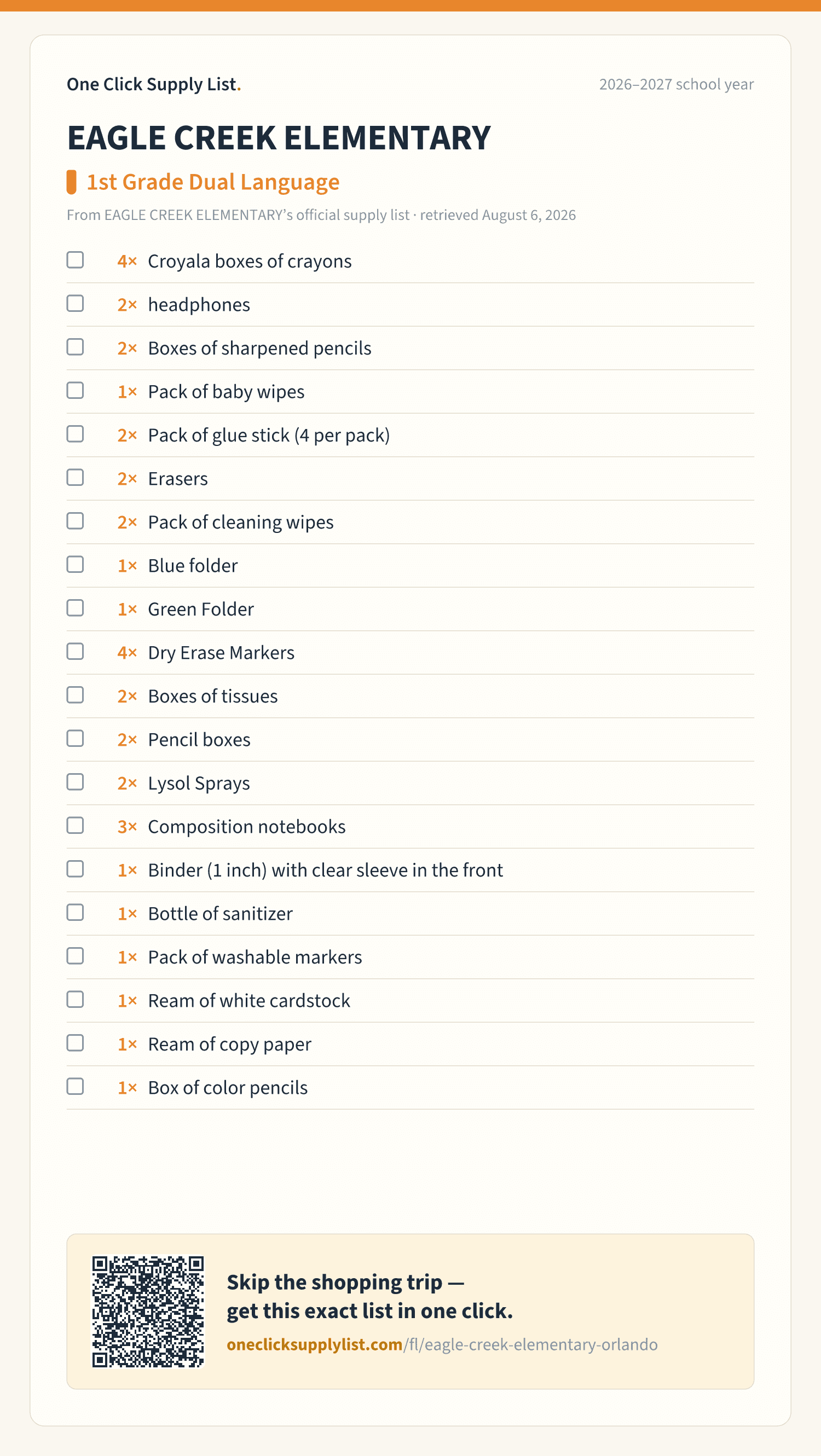 EAGLE CREEK ELEMENTARY 1st Grade Dual Language supply list — printable image