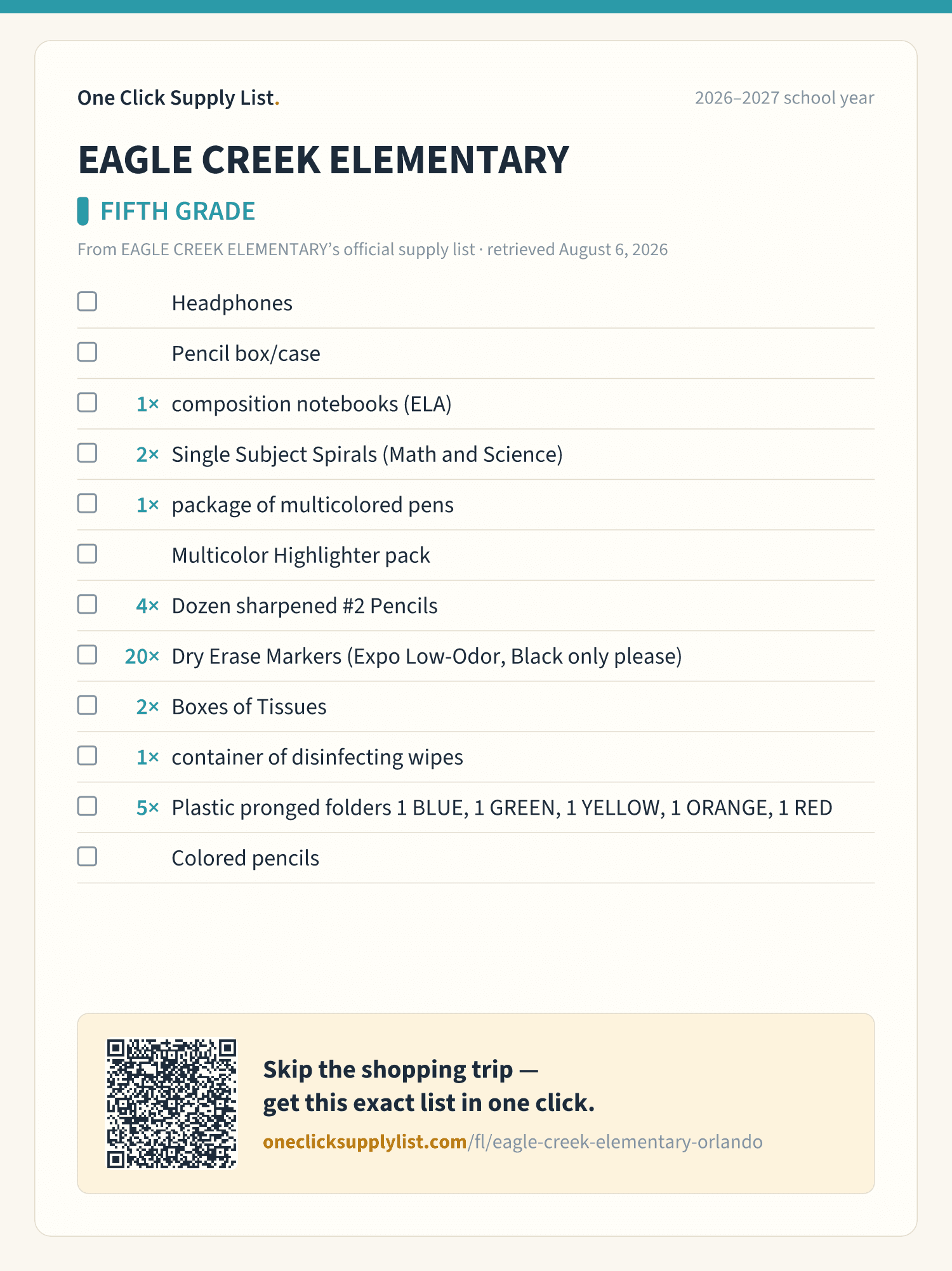 EAGLE CREEK ELEMENTARY FIFTH GRADE supply list — printable image