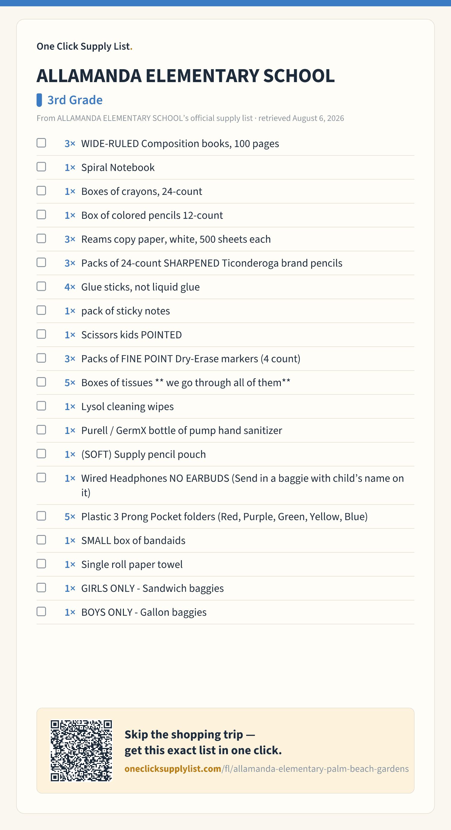 ALLAMANDA ELEMENTARY SCHOOL 3rd Grade supply list — printable image