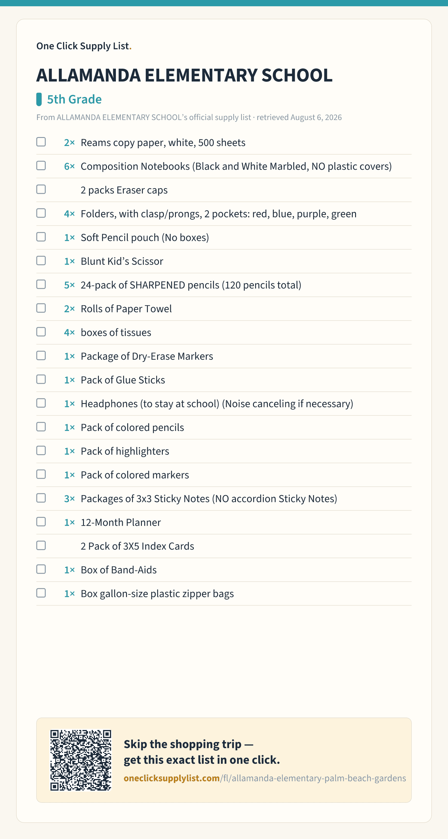 ALLAMANDA ELEMENTARY SCHOOL 5th Grade supply list — printable image
