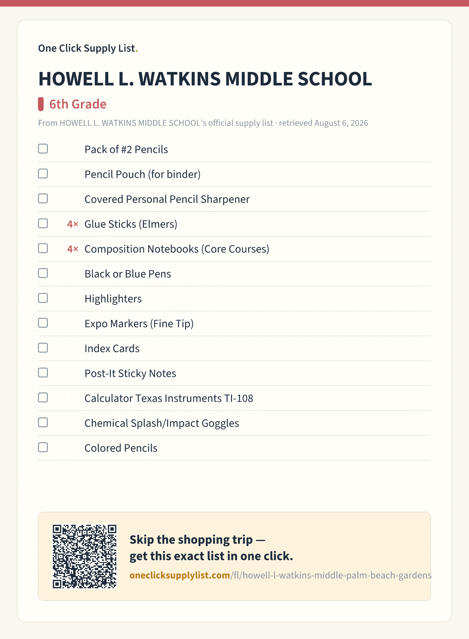 HOWELL L. WATKINS MIDDLE SCHOOL 6th Grade supply list — printable image