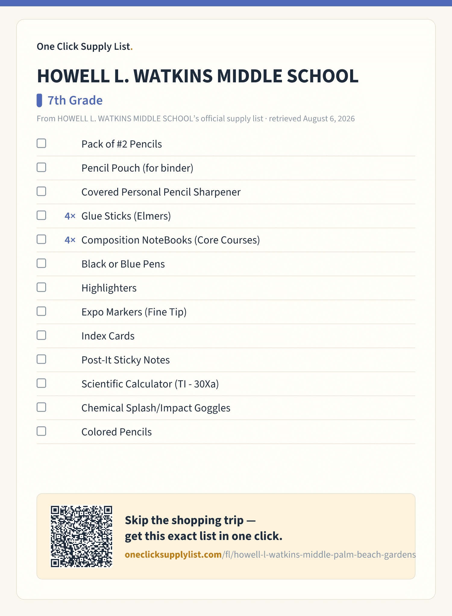 HOWELL L. WATKINS MIDDLE SCHOOL 7th Grade supply list — printable image