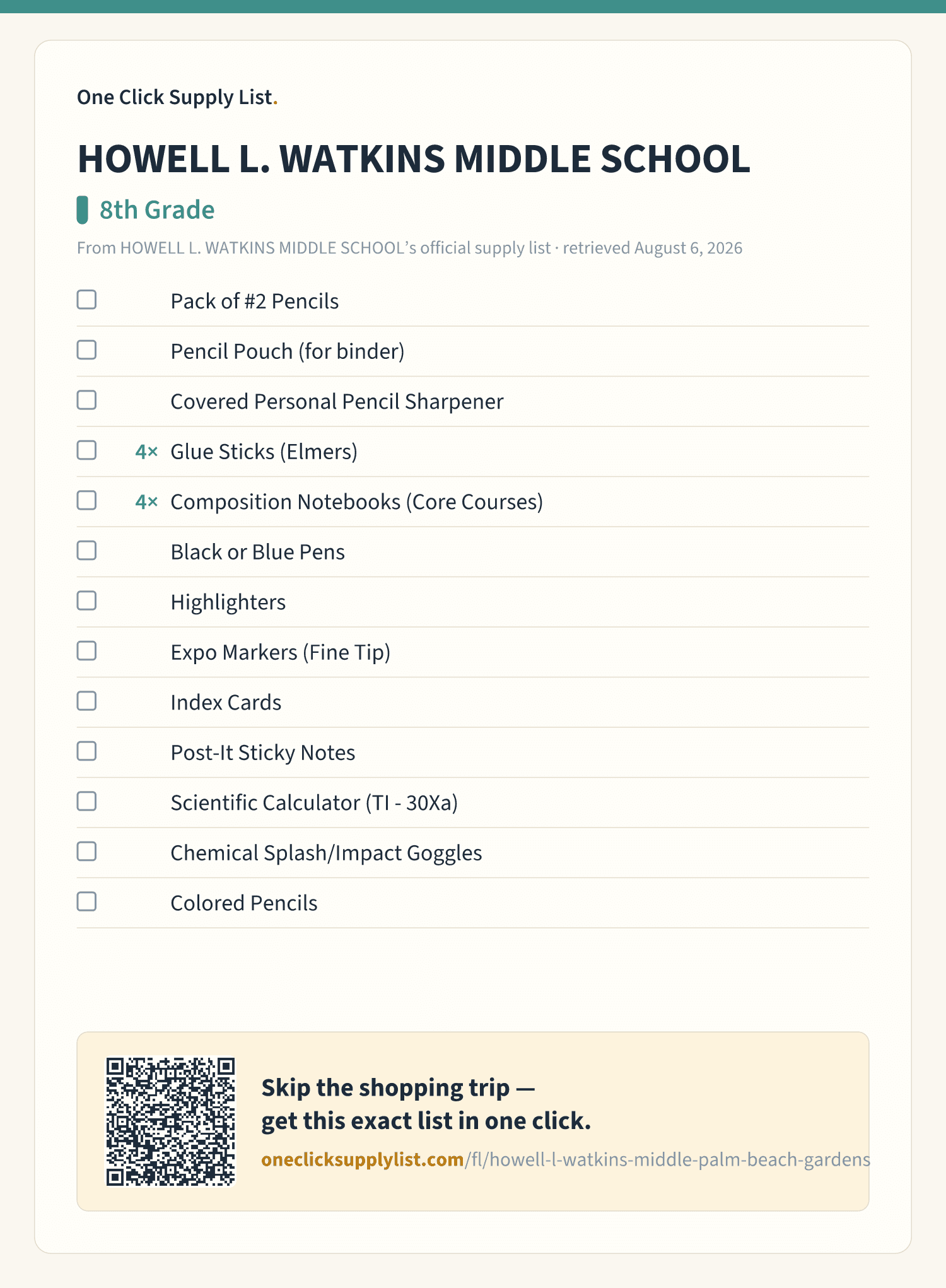 HOWELL L. WATKINS MIDDLE SCHOOL 8th Grade supply list — printable image
