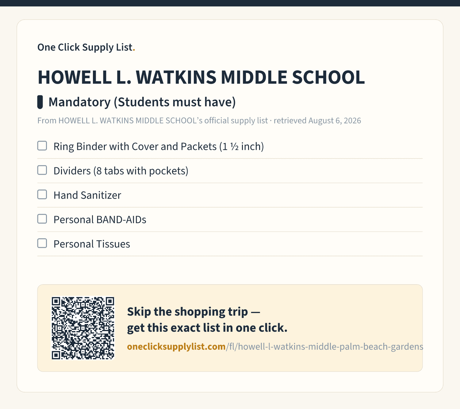 HOWELL L. WATKINS MIDDLE SCHOOL Mandatory (Students must have) supply list — printable image