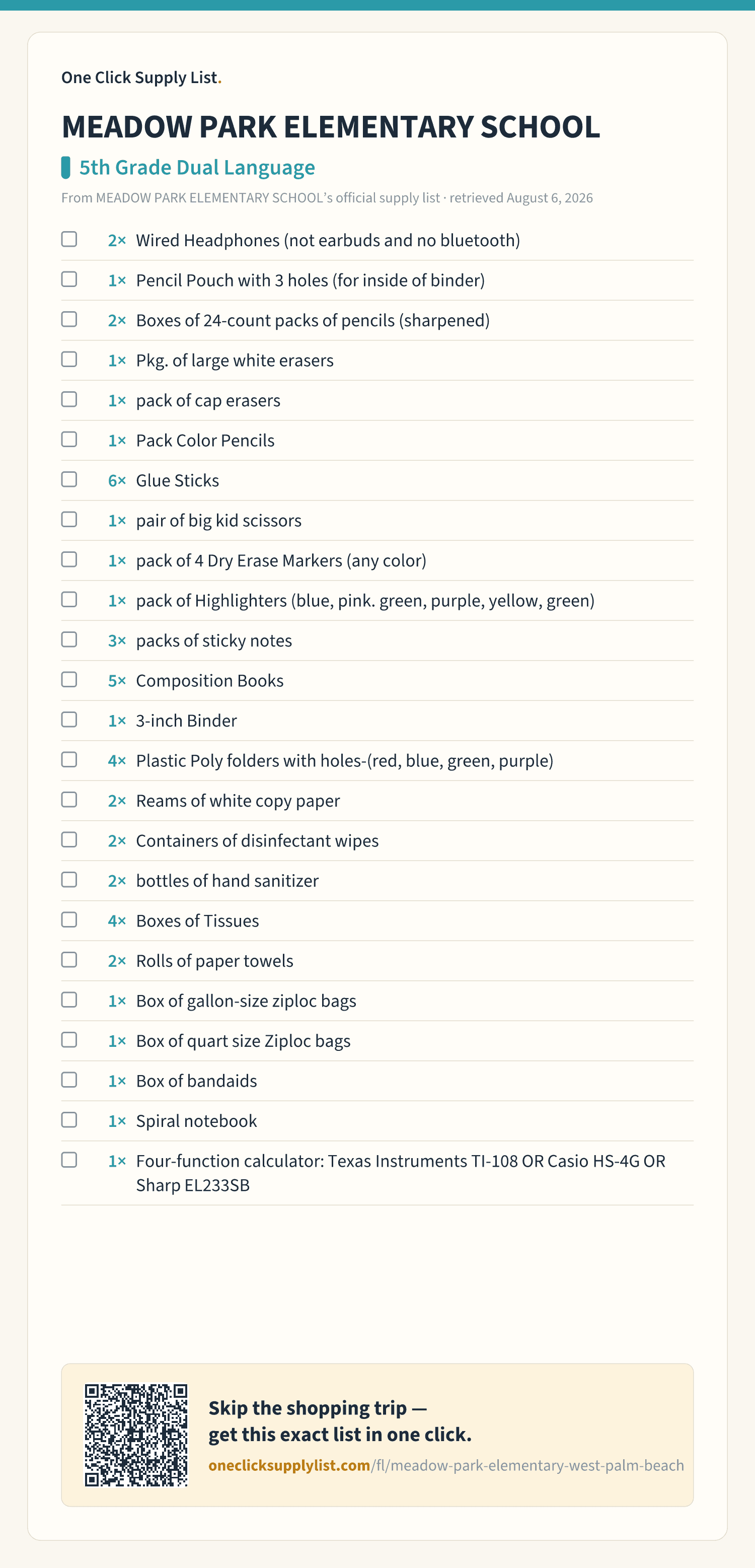MEADOW PARK ELEMENTARY SCHOOL 5th Grade Dual Language supply list — printable image