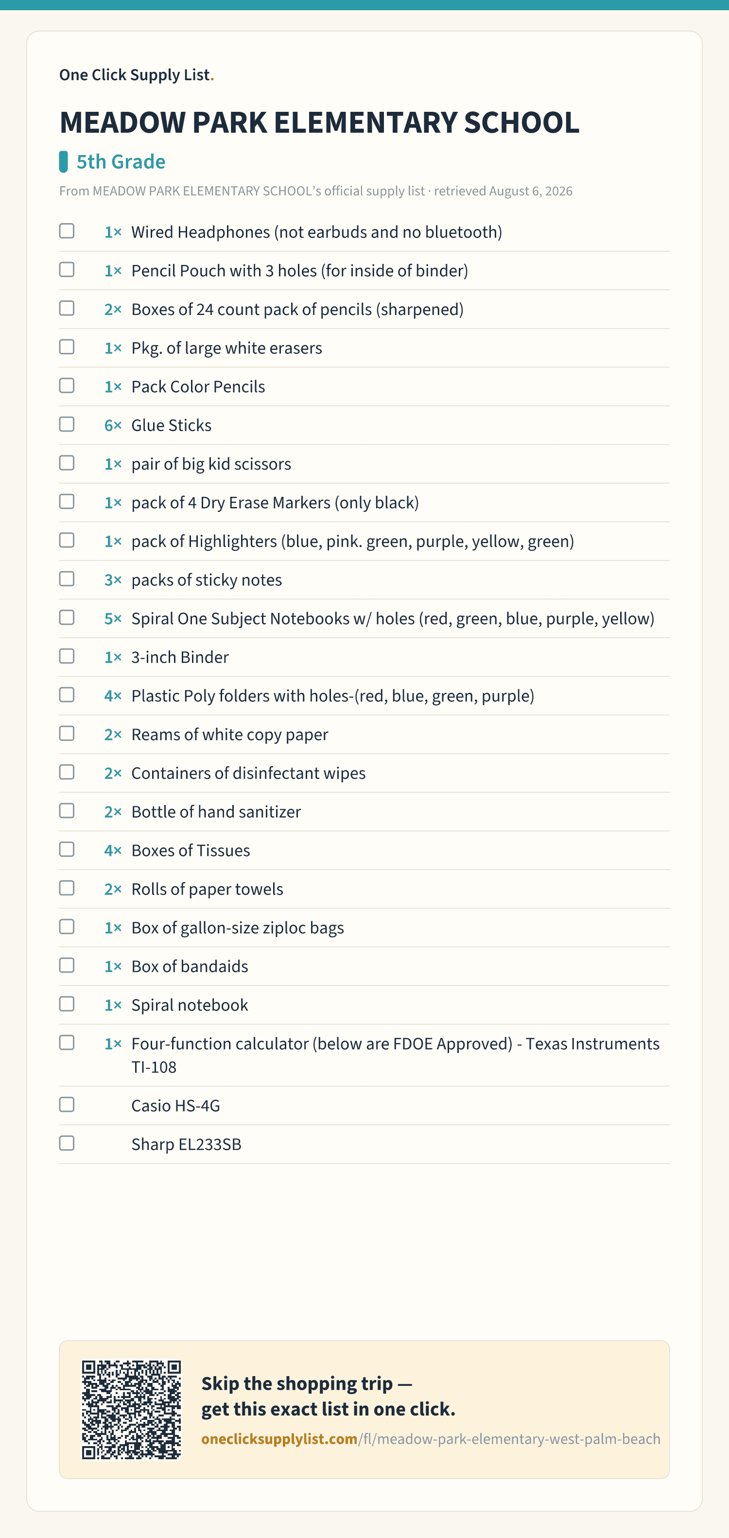 MEADOW PARK ELEMENTARY SCHOOL 5th Grade supply list — printable image