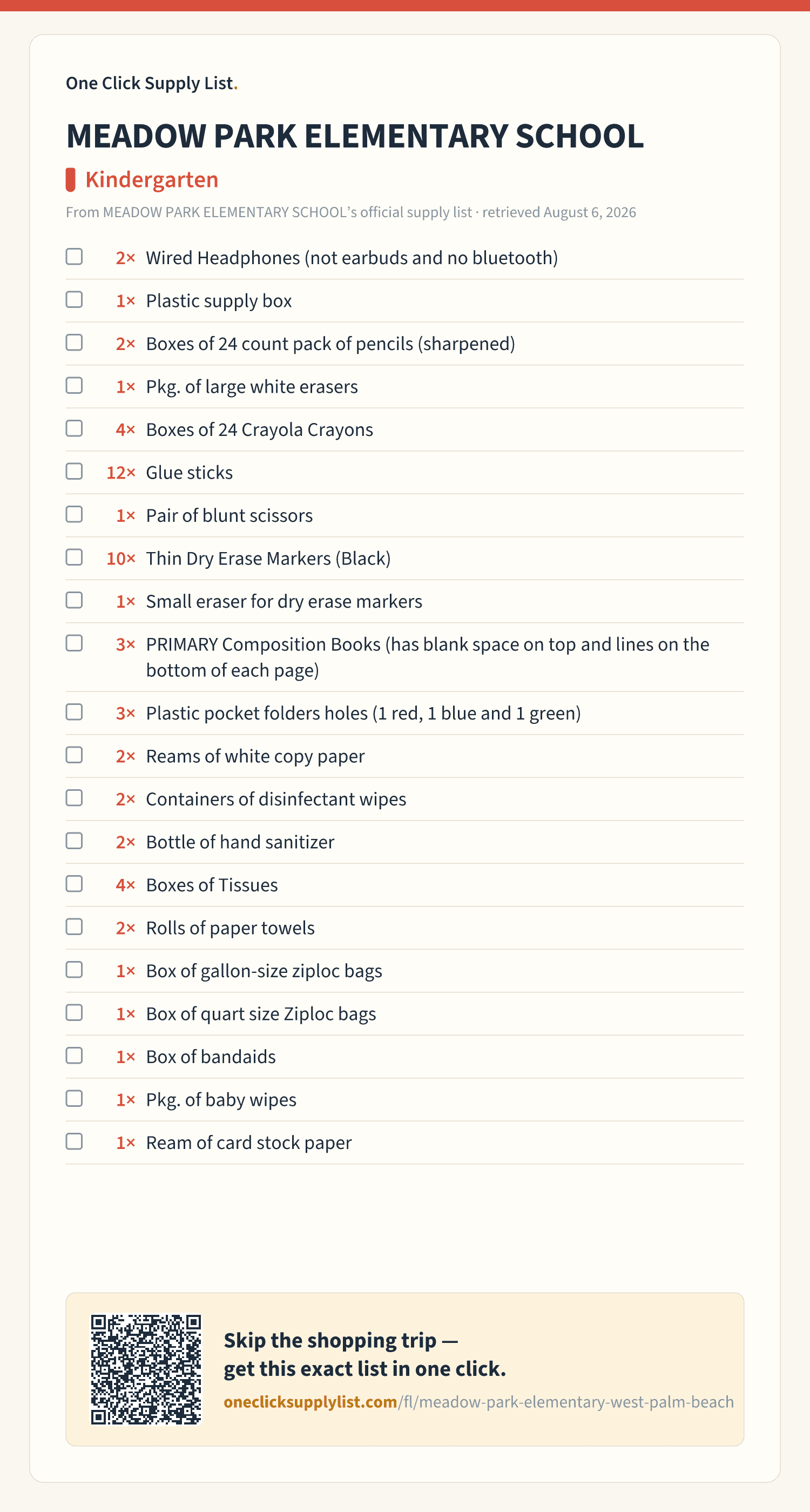 MEADOW PARK ELEMENTARY SCHOOL Kindergarten supply list — printable image