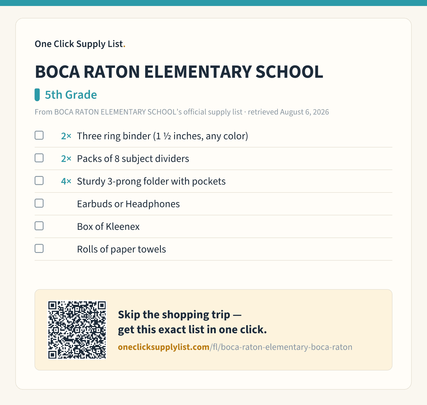 BOCA RATON ELEMENTARY SCHOOL 5th Grade supply list — printable image
