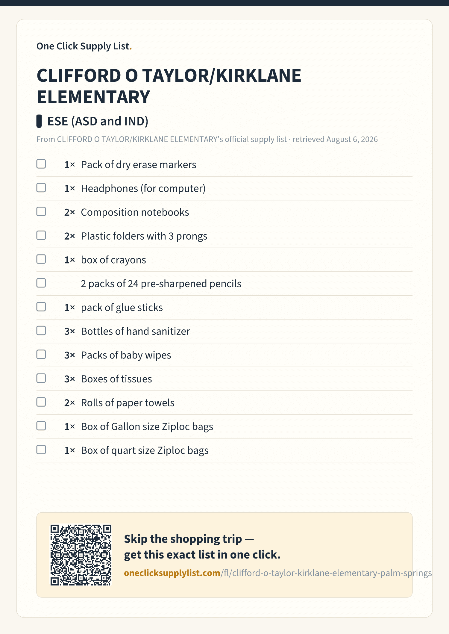 CLIFFORD O TAYLOR/KIRKLANE ELEMENTARY ESE (ASD and IND) supply list — printable image
