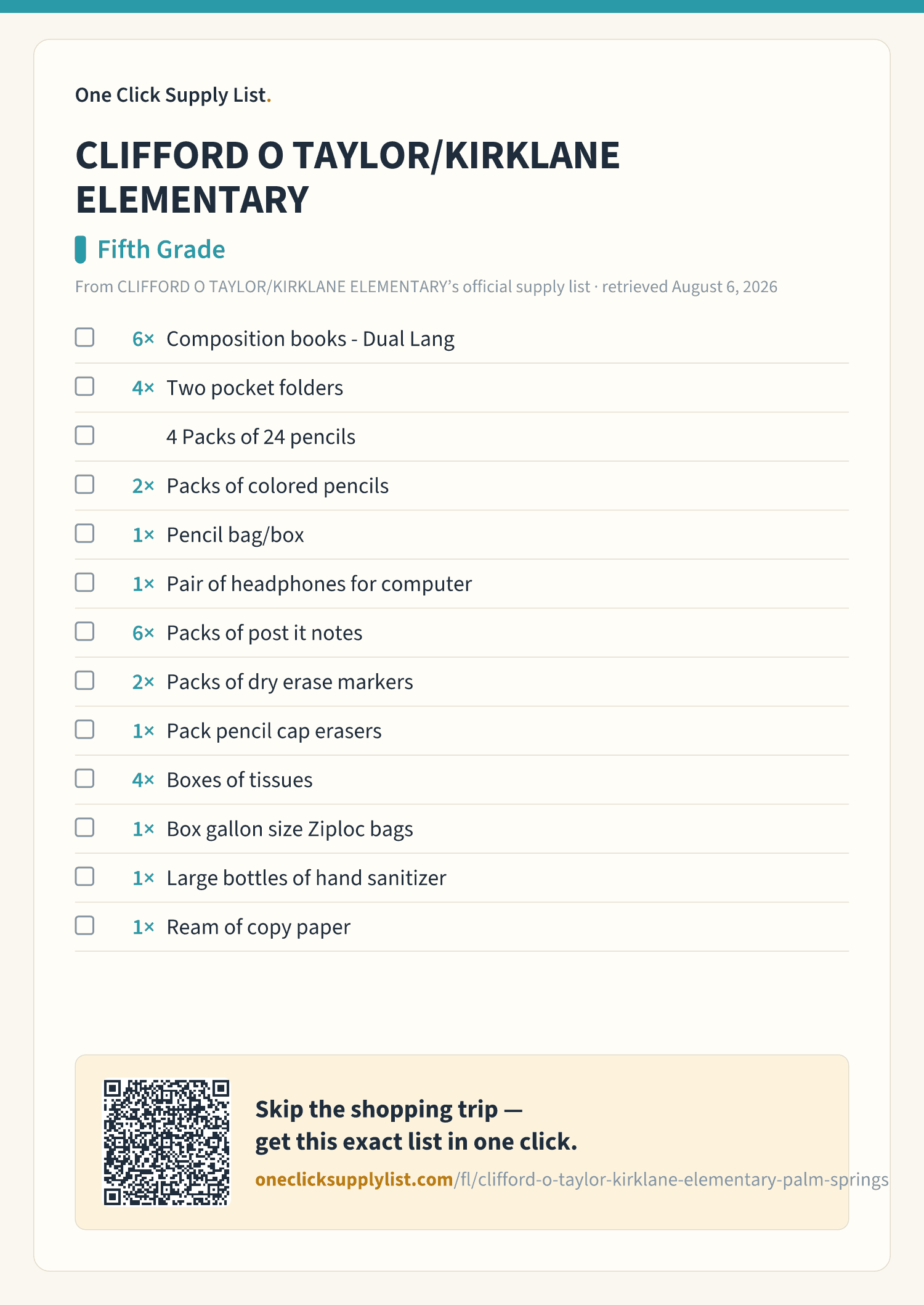 CLIFFORD O TAYLOR/KIRKLANE ELEMENTARY Fifth Grade supply list — printable image
