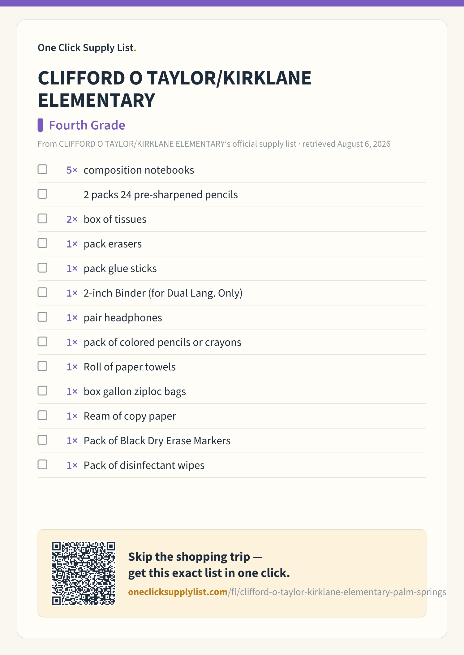 CLIFFORD O TAYLOR/KIRKLANE ELEMENTARY Fourth Grade supply list — printable image
