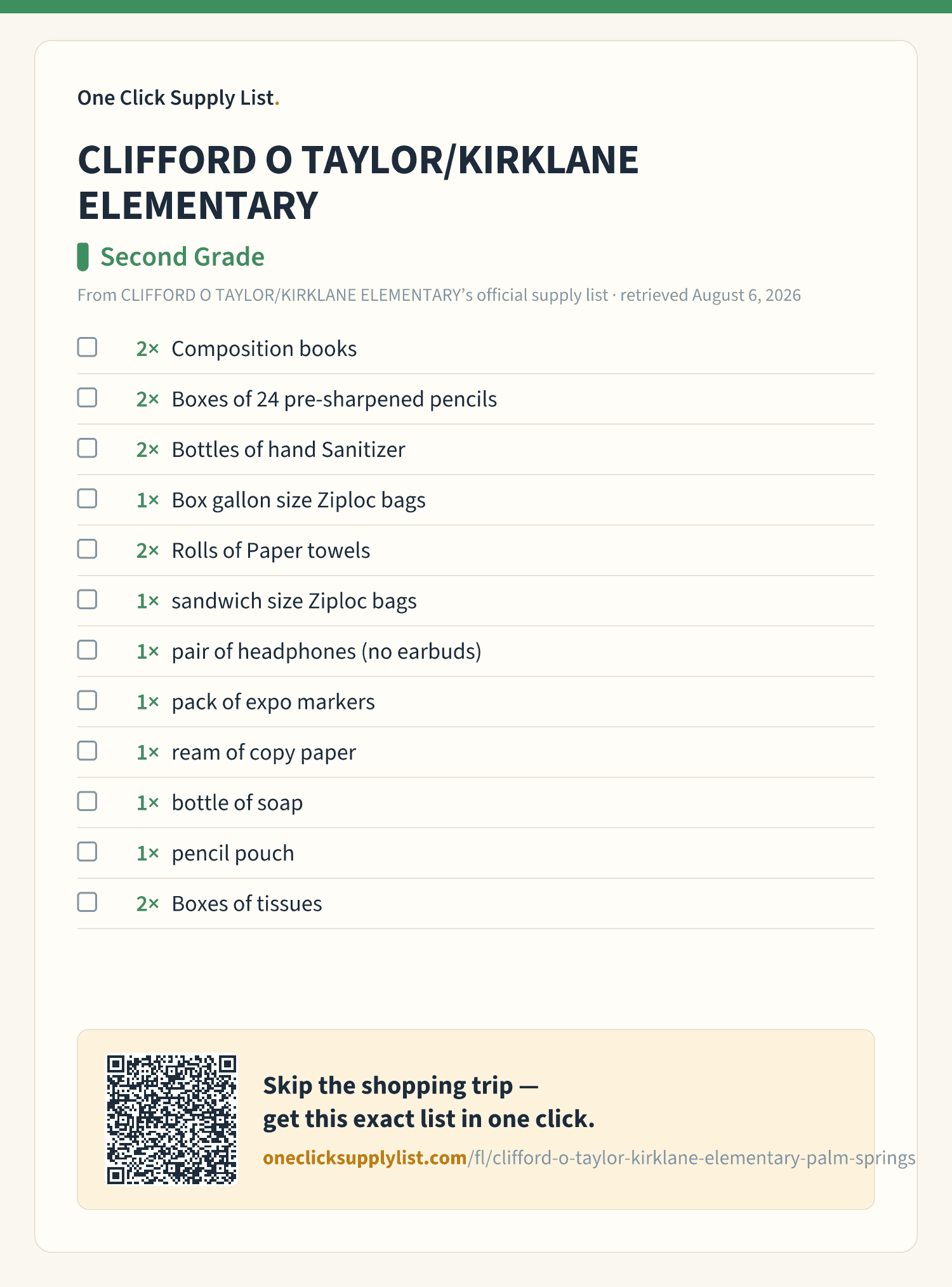CLIFFORD O TAYLOR/KIRKLANE ELEMENTARY Second Grade supply list — printable image