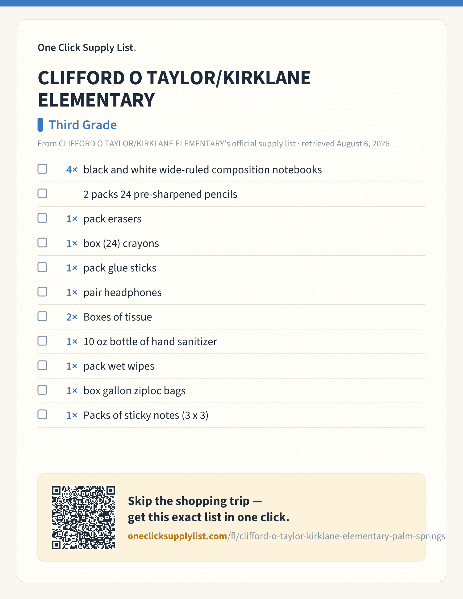 CLIFFORD O TAYLOR/KIRKLANE ELEMENTARY Third Grade supply list — printable image