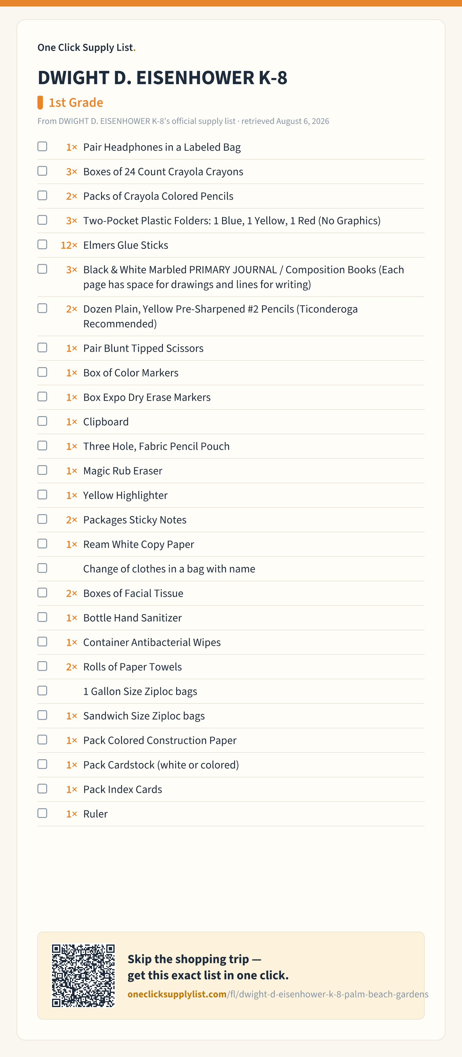 DWIGHT D. EISENHOWER K-8 1st Grade supply list — printable image