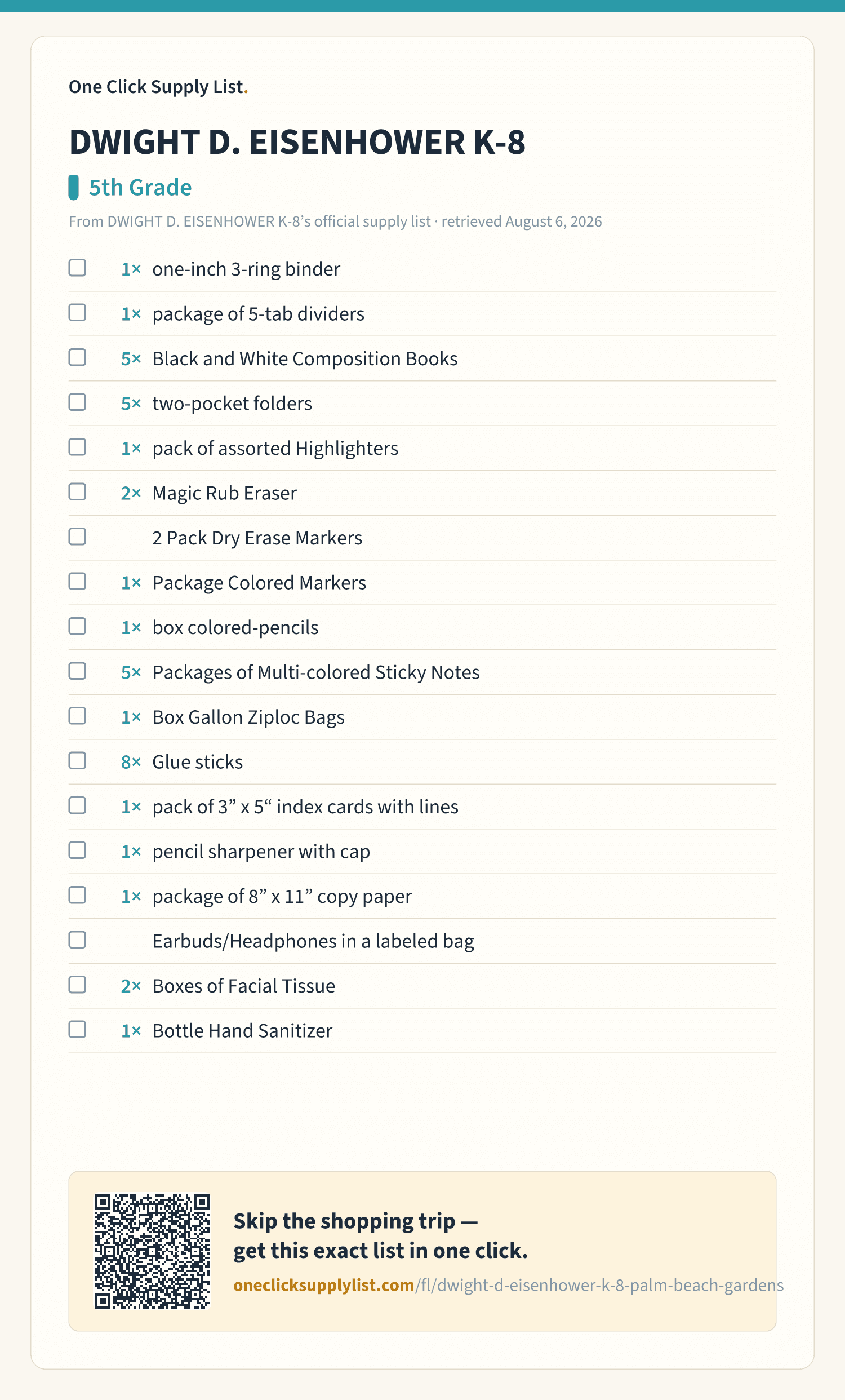 DWIGHT D. EISENHOWER K-8 5th Grade supply list — printable image