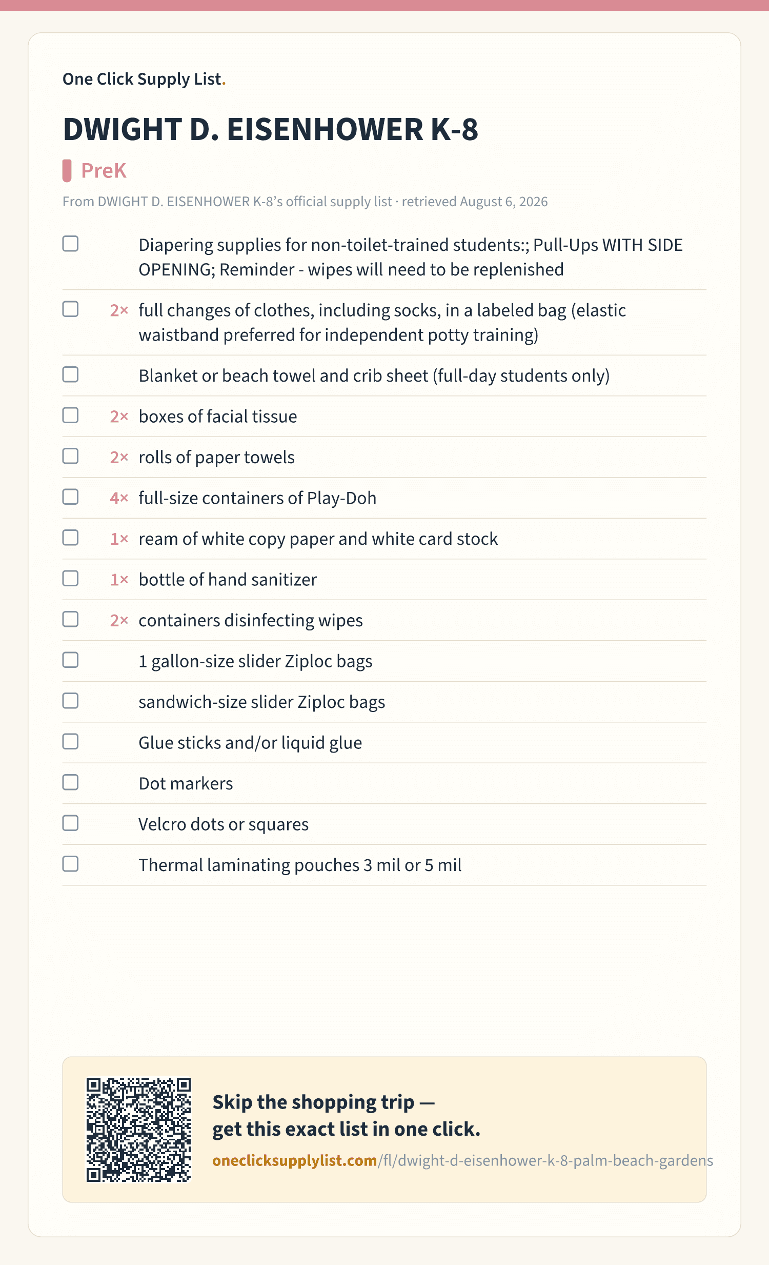DWIGHT D. EISENHOWER K-8 PreK supply list — printable image