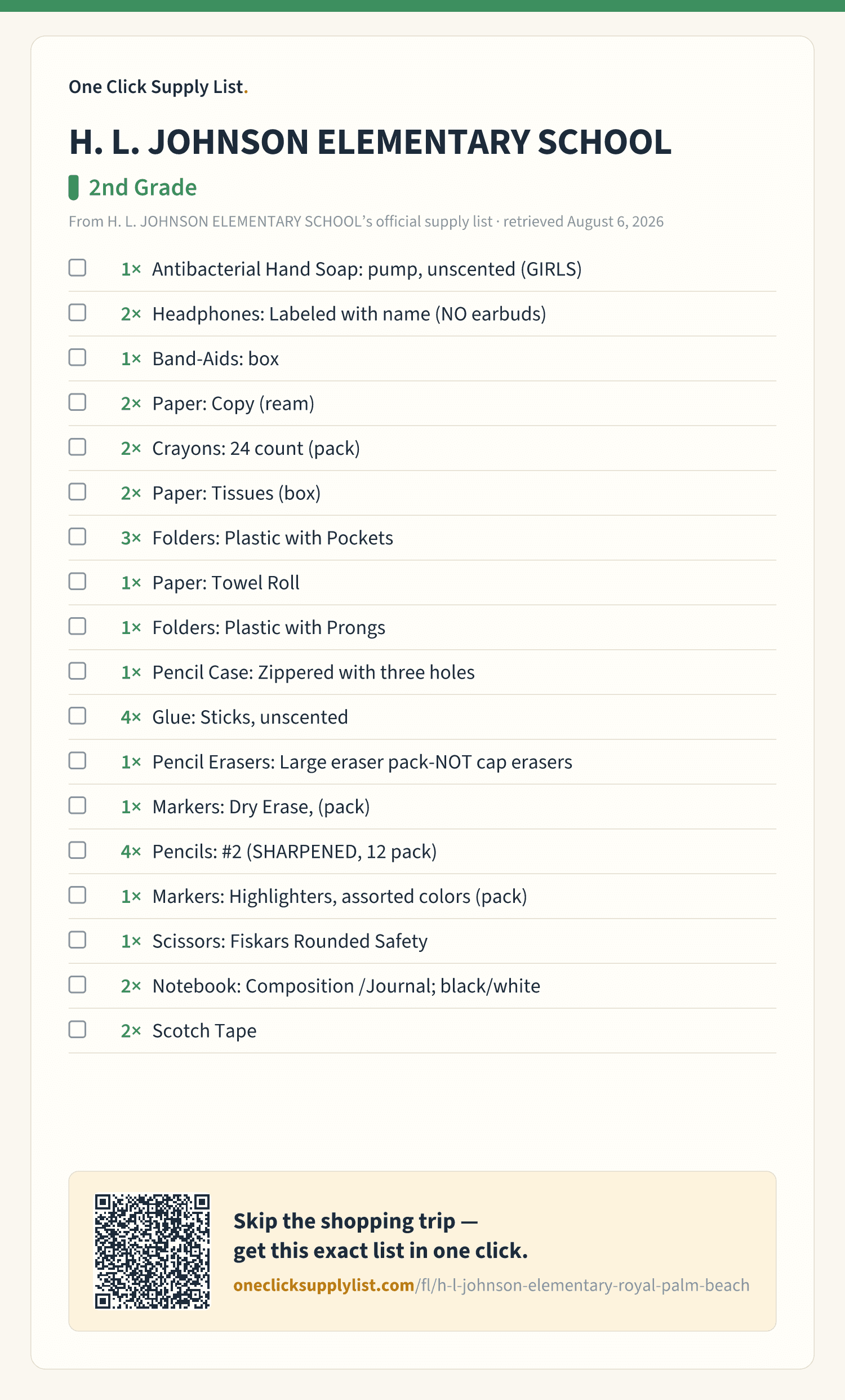 H. L. JOHNSON ELEMENTARY SCHOOL 2nd Grade supply list — printable image