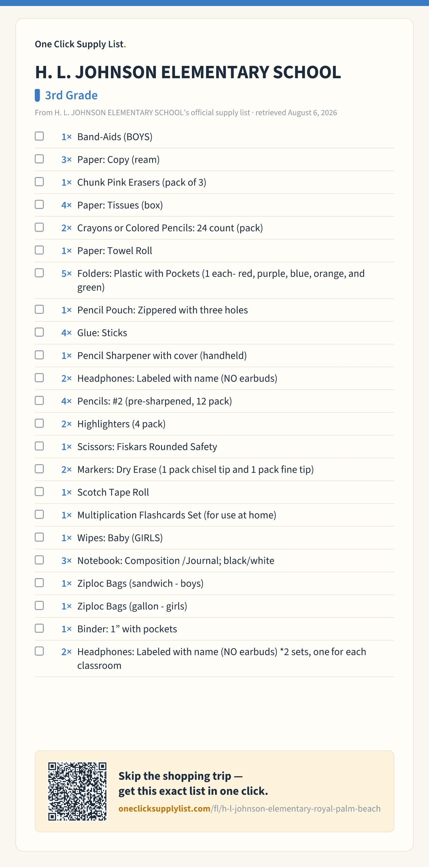 H. L. JOHNSON ELEMENTARY SCHOOL 3rd Grade supply list — printable image