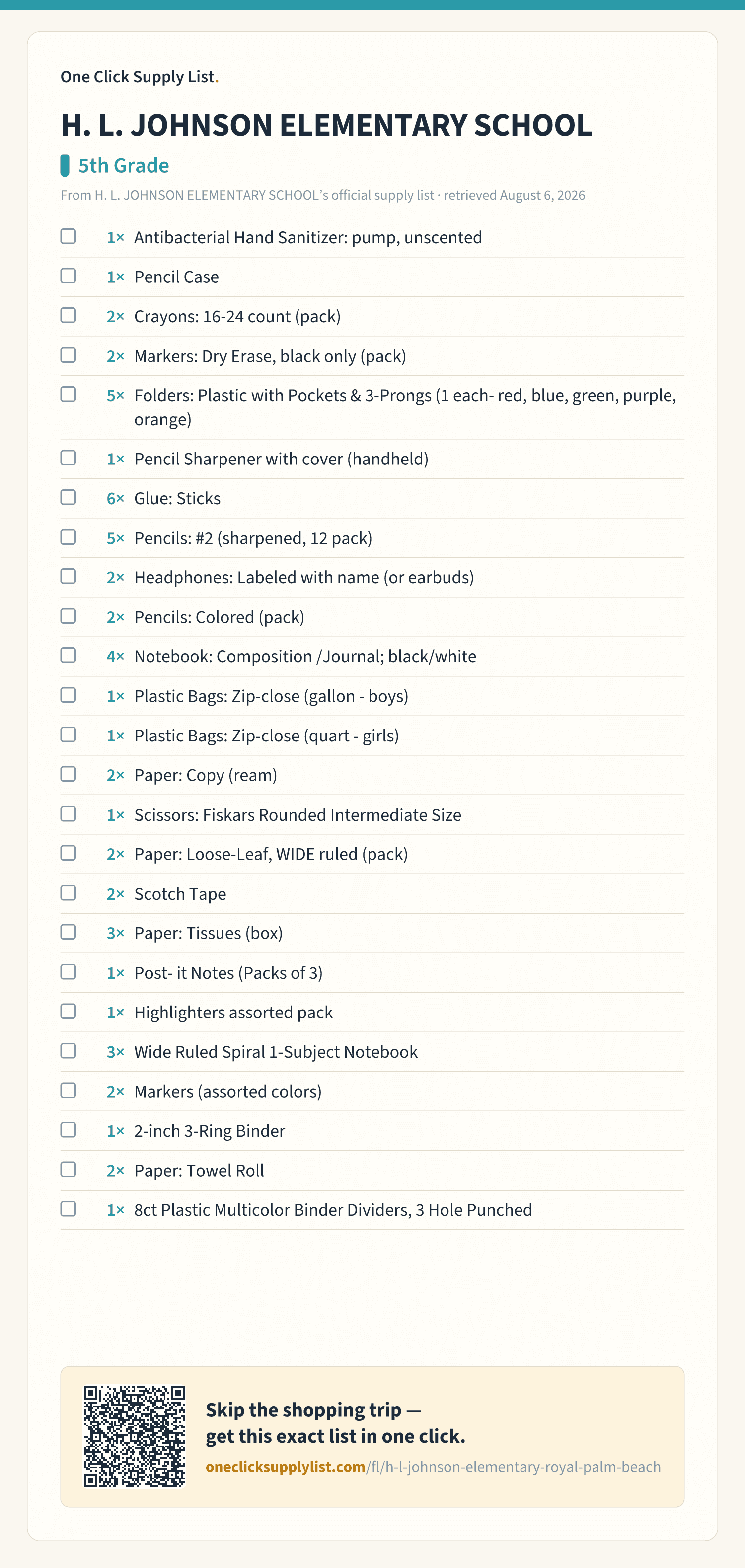 H. L. JOHNSON ELEMENTARY SCHOOL 5th Grade supply list — printable image