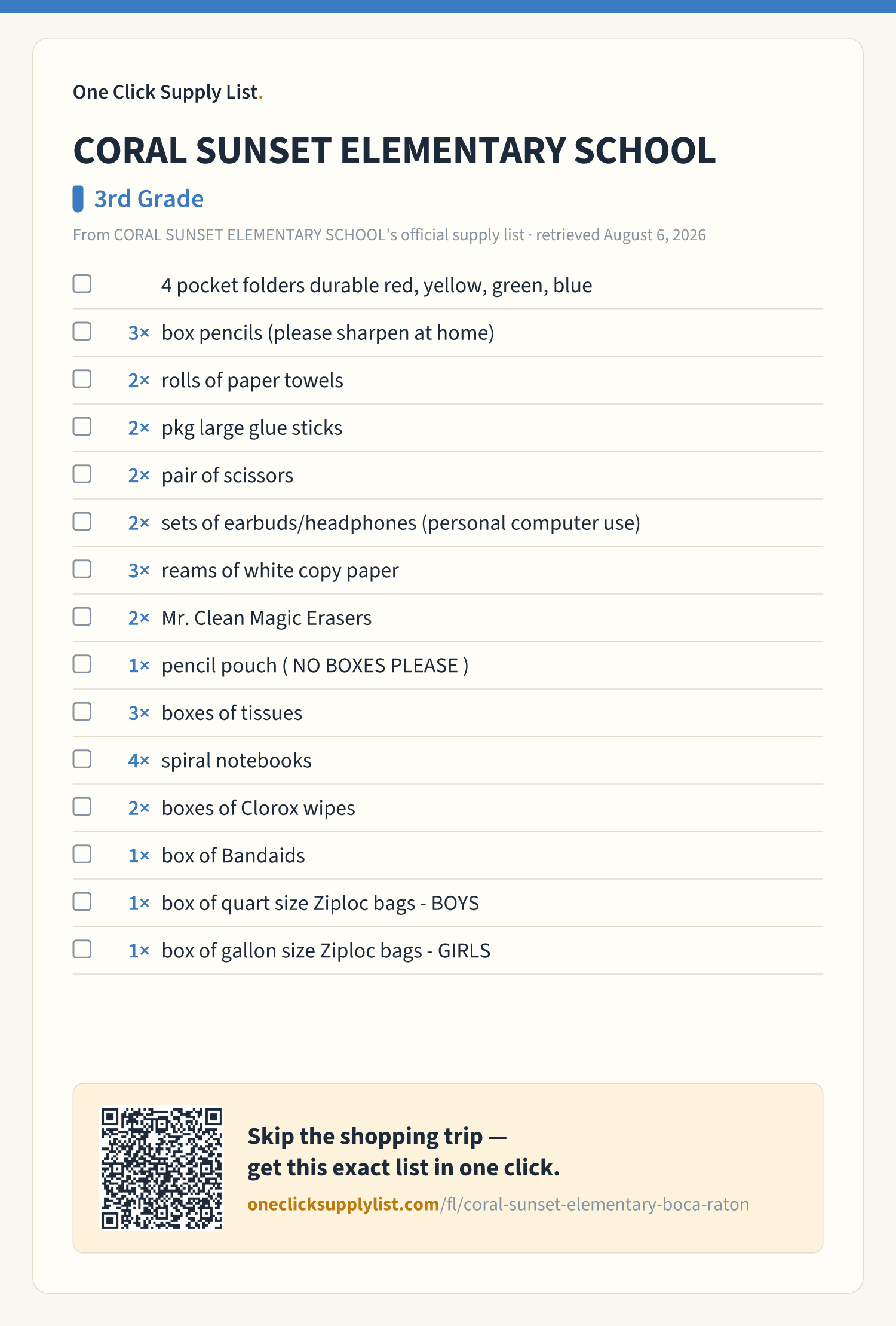 CORAL SUNSET ELEMENTARY SCHOOL 3rd Grade supply list — printable image