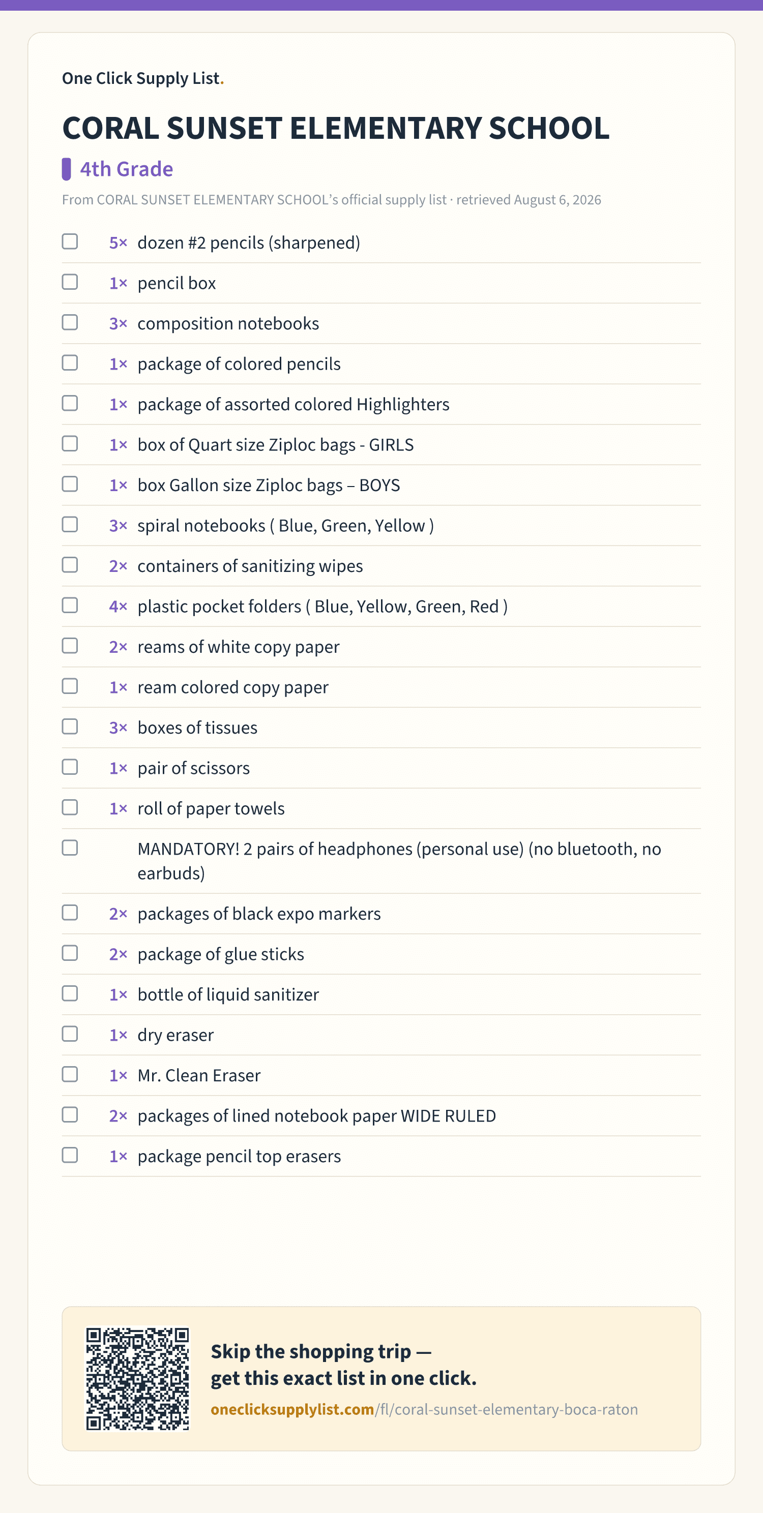 CORAL SUNSET ELEMENTARY SCHOOL 4th Grade supply list — printable image