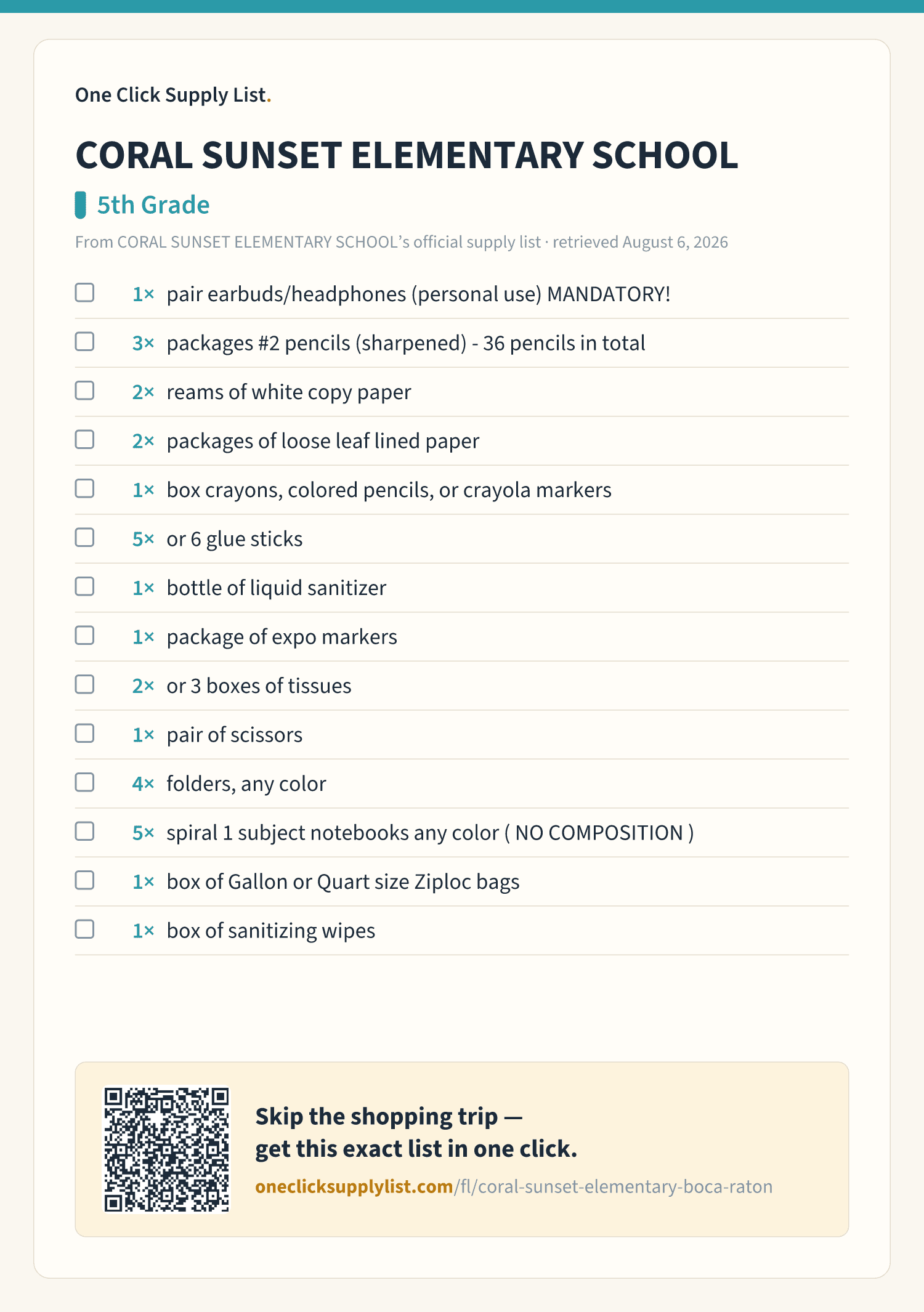 CORAL SUNSET ELEMENTARY SCHOOL 5th Grade supply list — printable image