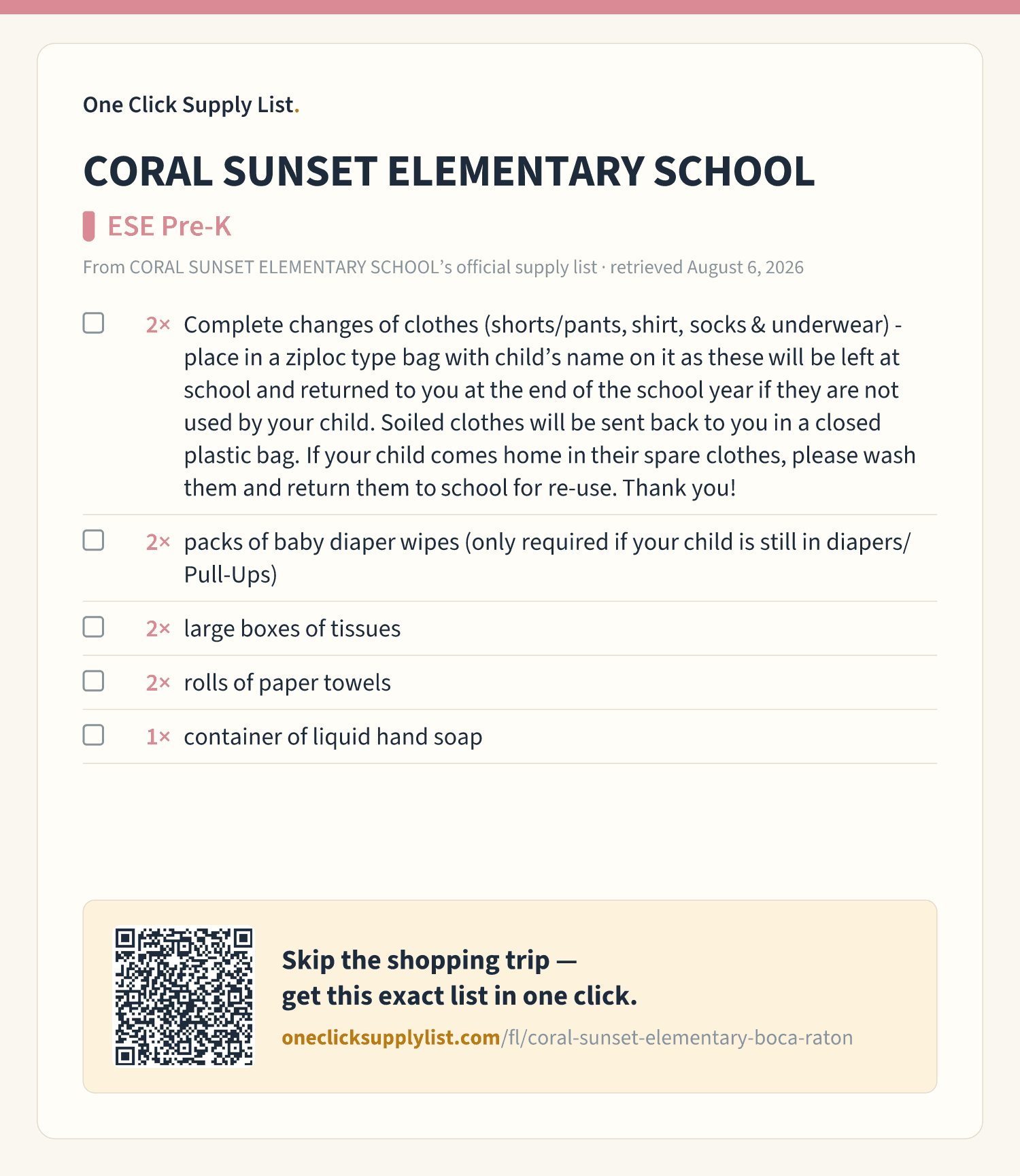 CORAL SUNSET ELEMENTARY SCHOOL ESE Pre-K supply list — printable image