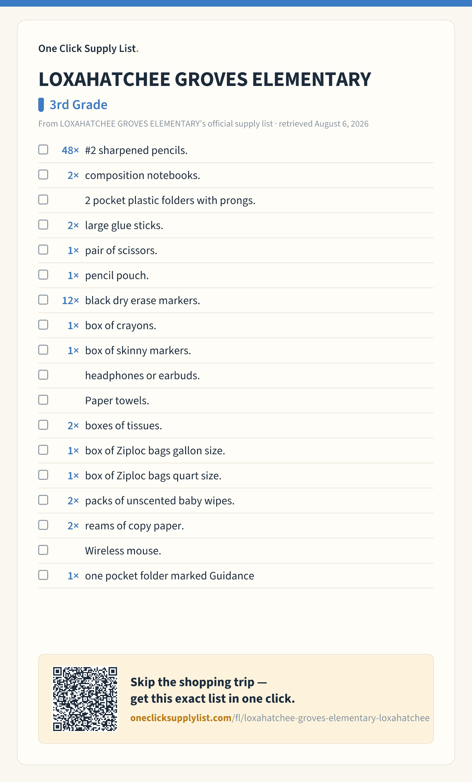 LOXAHATCHEE GROVES ELEMENTARY 3rd Grade supply list — printable image