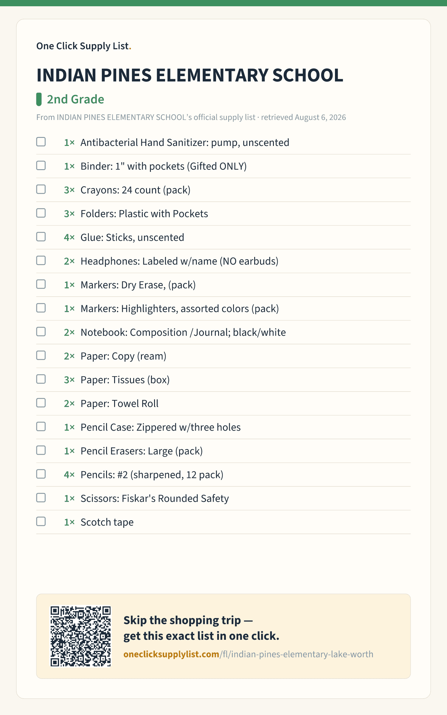 INDIAN PINES ELEMENTARY SCHOOL 2nd Grade supply list — printable image
