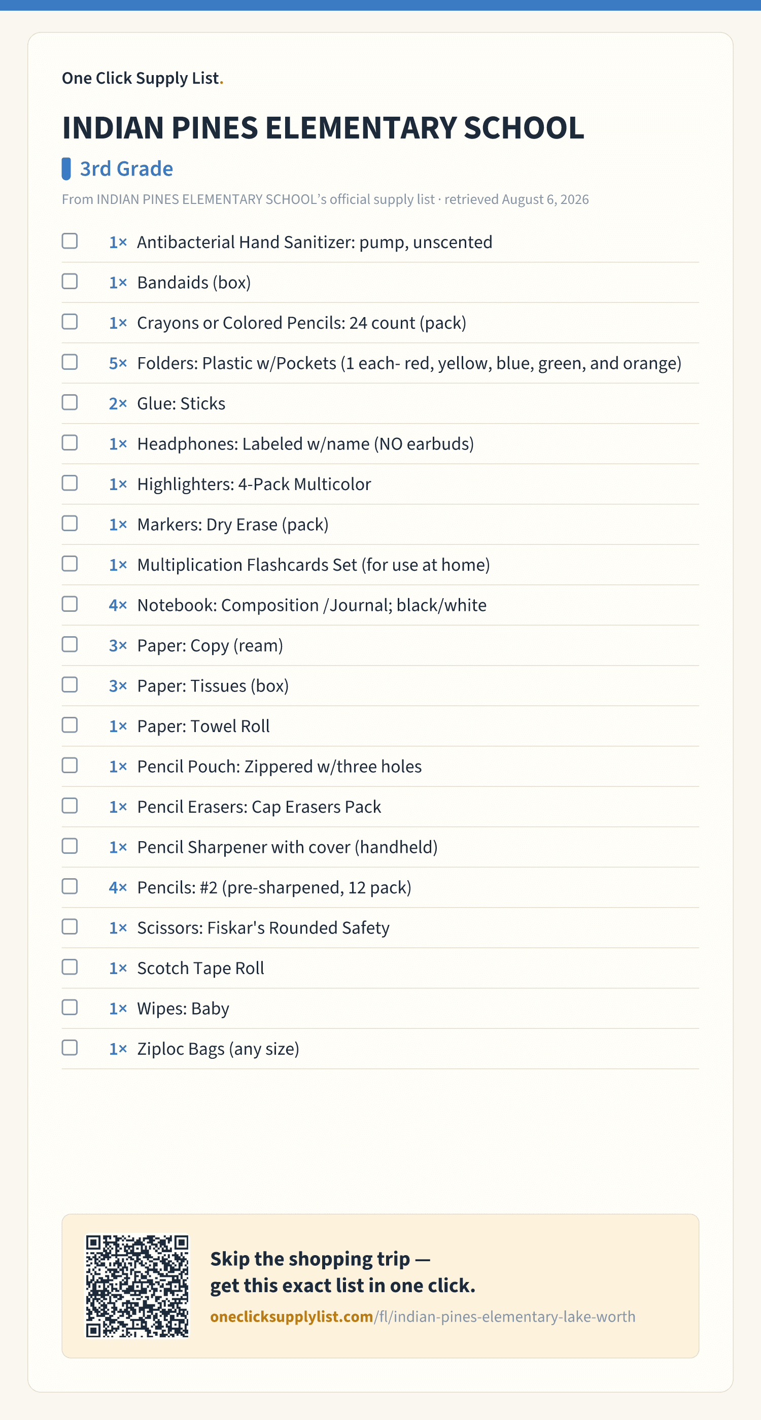 INDIAN PINES ELEMENTARY SCHOOL 3rd Grade supply list — printable image