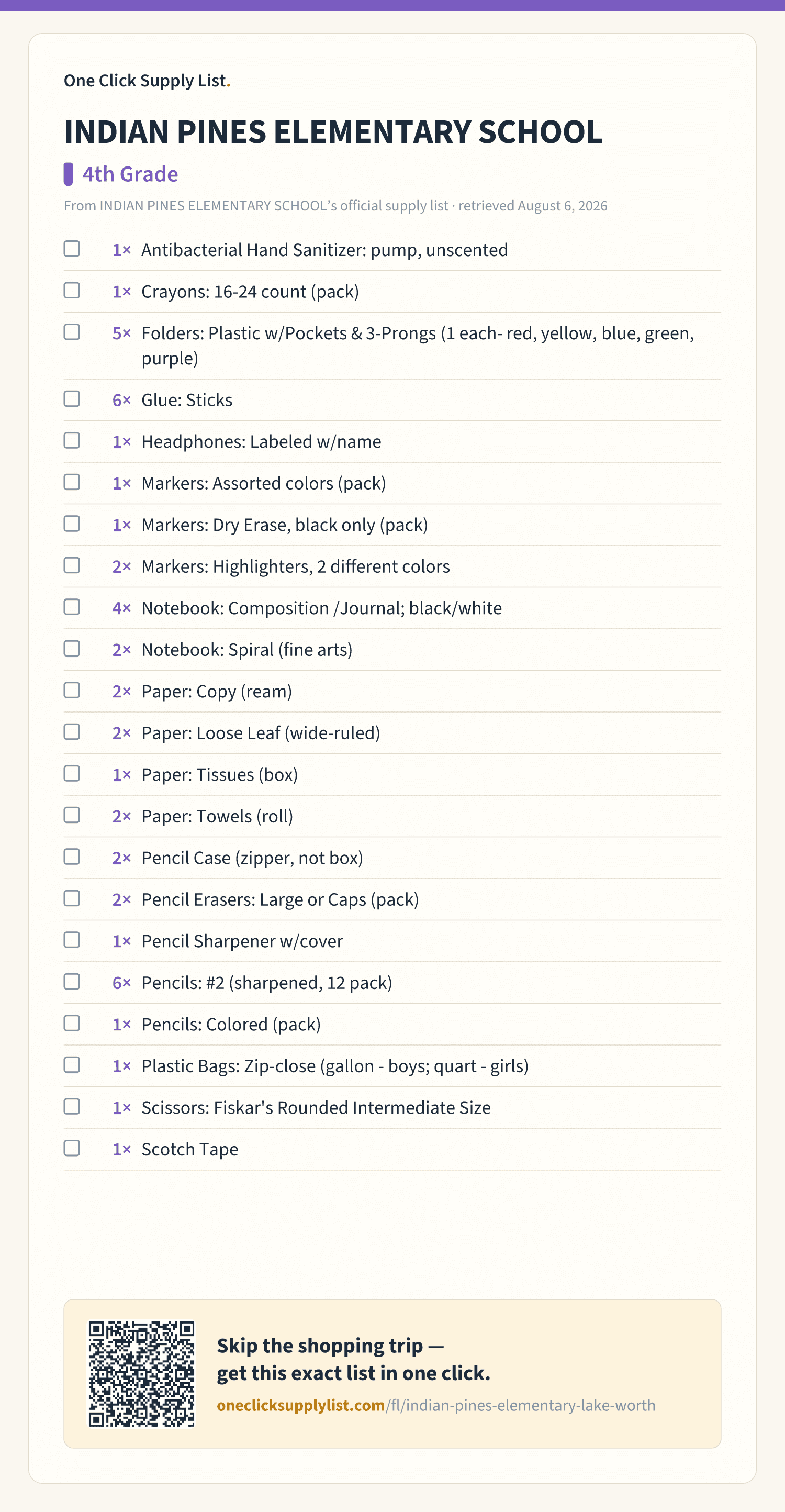 INDIAN PINES ELEMENTARY SCHOOL 4th Grade supply list — printable image
