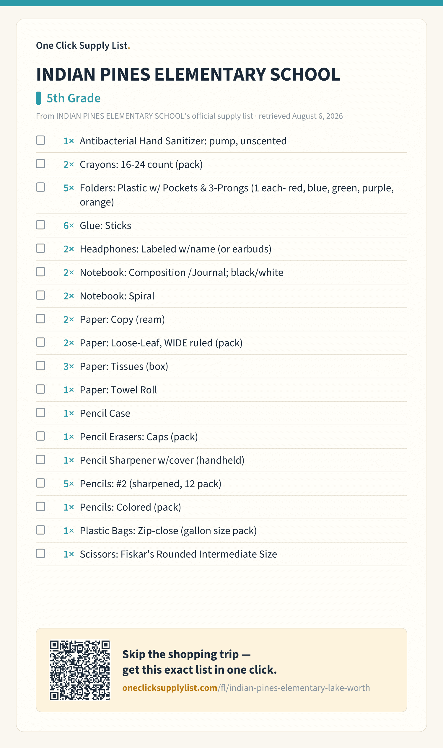 INDIAN PINES ELEMENTARY SCHOOL 5th Grade supply list — printable image