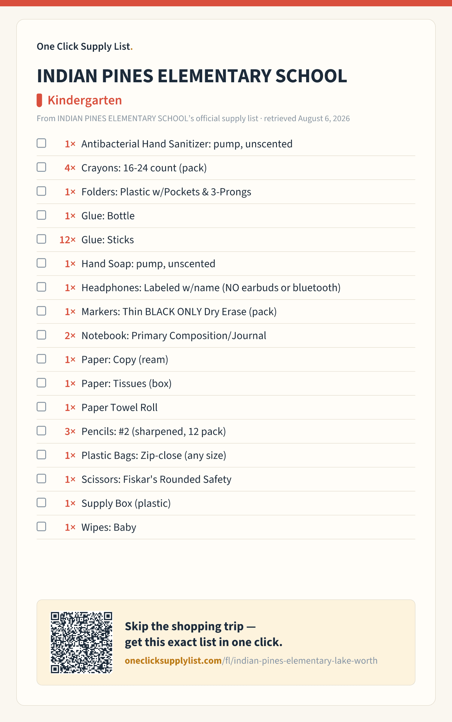 INDIAN PINES ELEMENTARY SCHOOL Kindergarten supply list — printable image