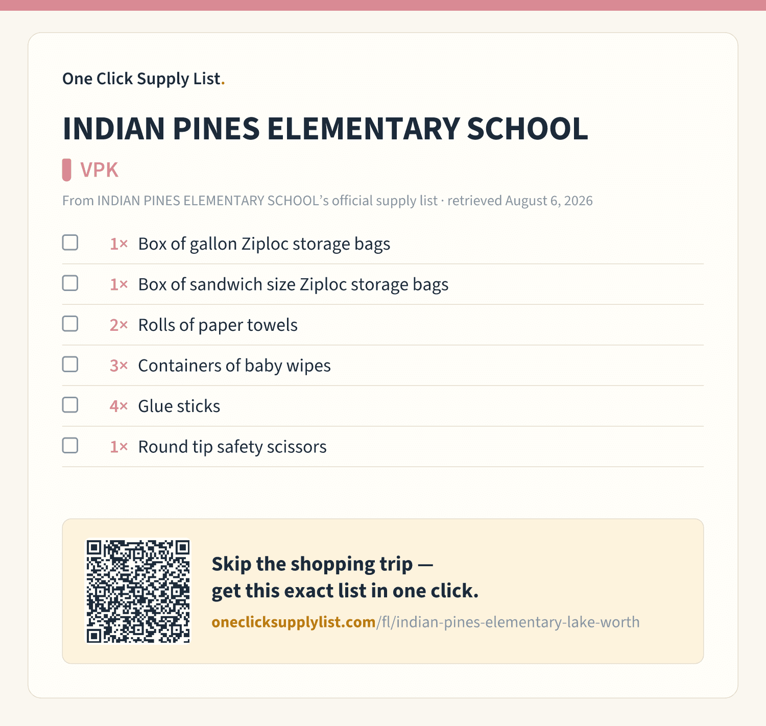 INDIAN PINES ELEMENTARY SCHOOL VPK supply list — printable image