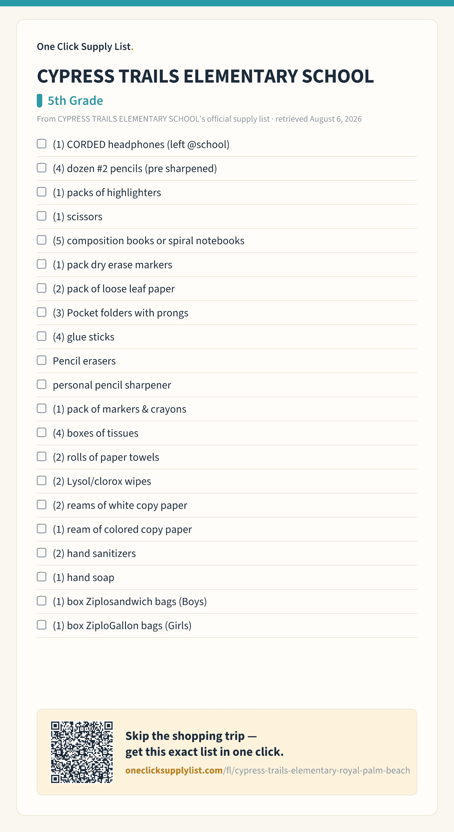 CYPRESS TRAILS ELEMENTARY SCHOOL 5th Grade supply list — printable image
