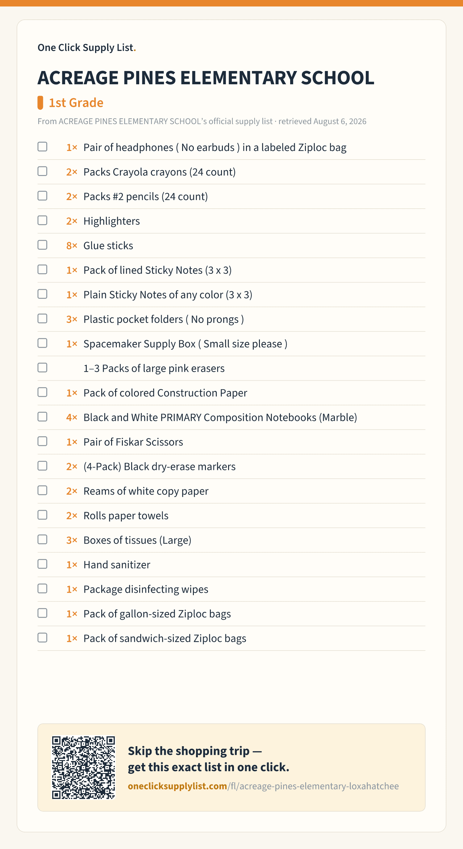 ACREAGE PINES ELEMENTARY SCHOOL 1st Grade supply list — printable image
