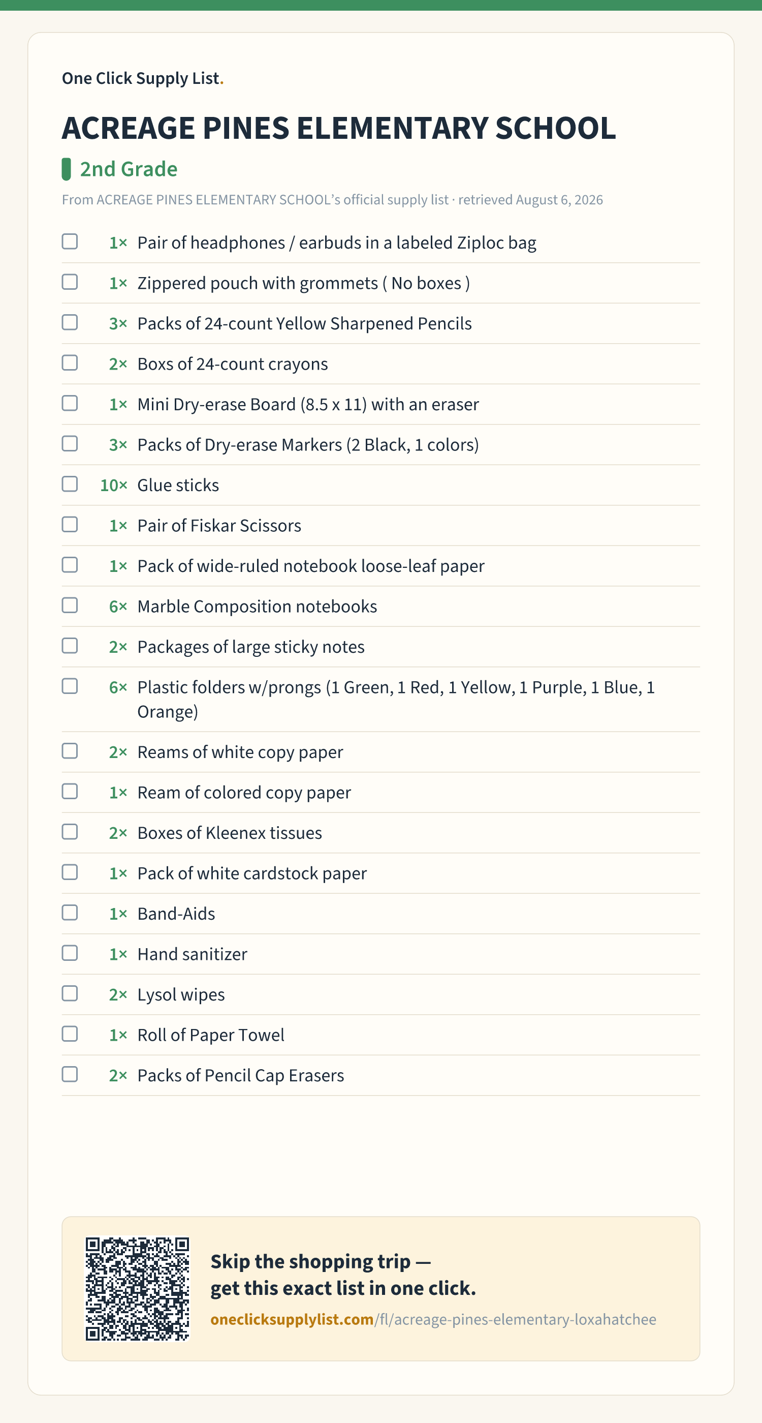 ACREAGE PINES ELEMENTARY SCHOOL 2nd Grade supply list — printable image