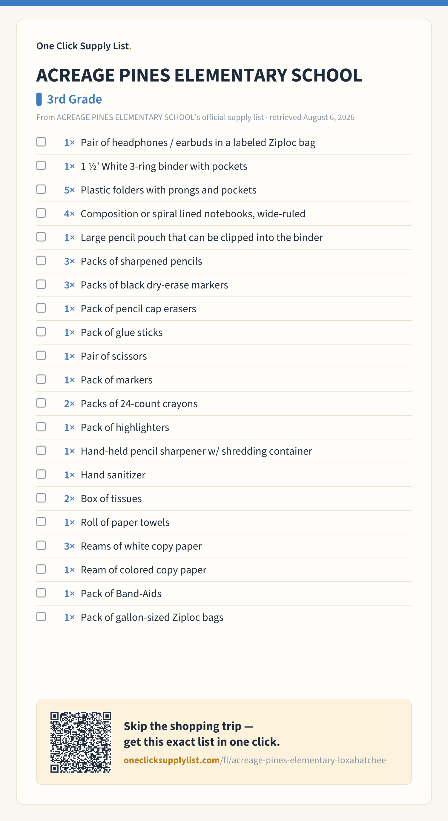 ACREAGE PINES ELEMENTARY SCHOOL 3rd Grade supply list — printable image