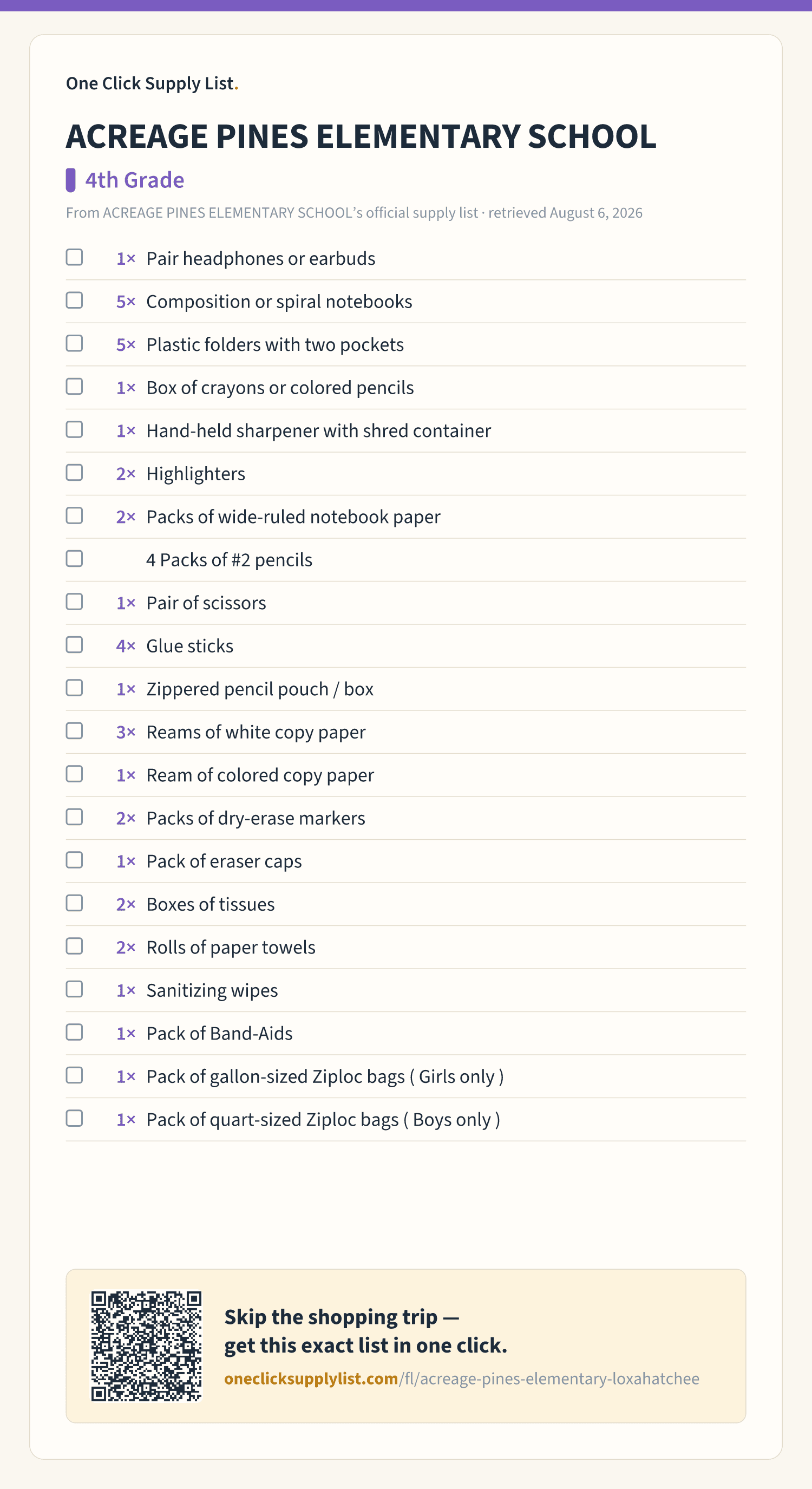 ACREAGE PINES ELEMENTARY SCHOOL 4th Grade supply list — printable image