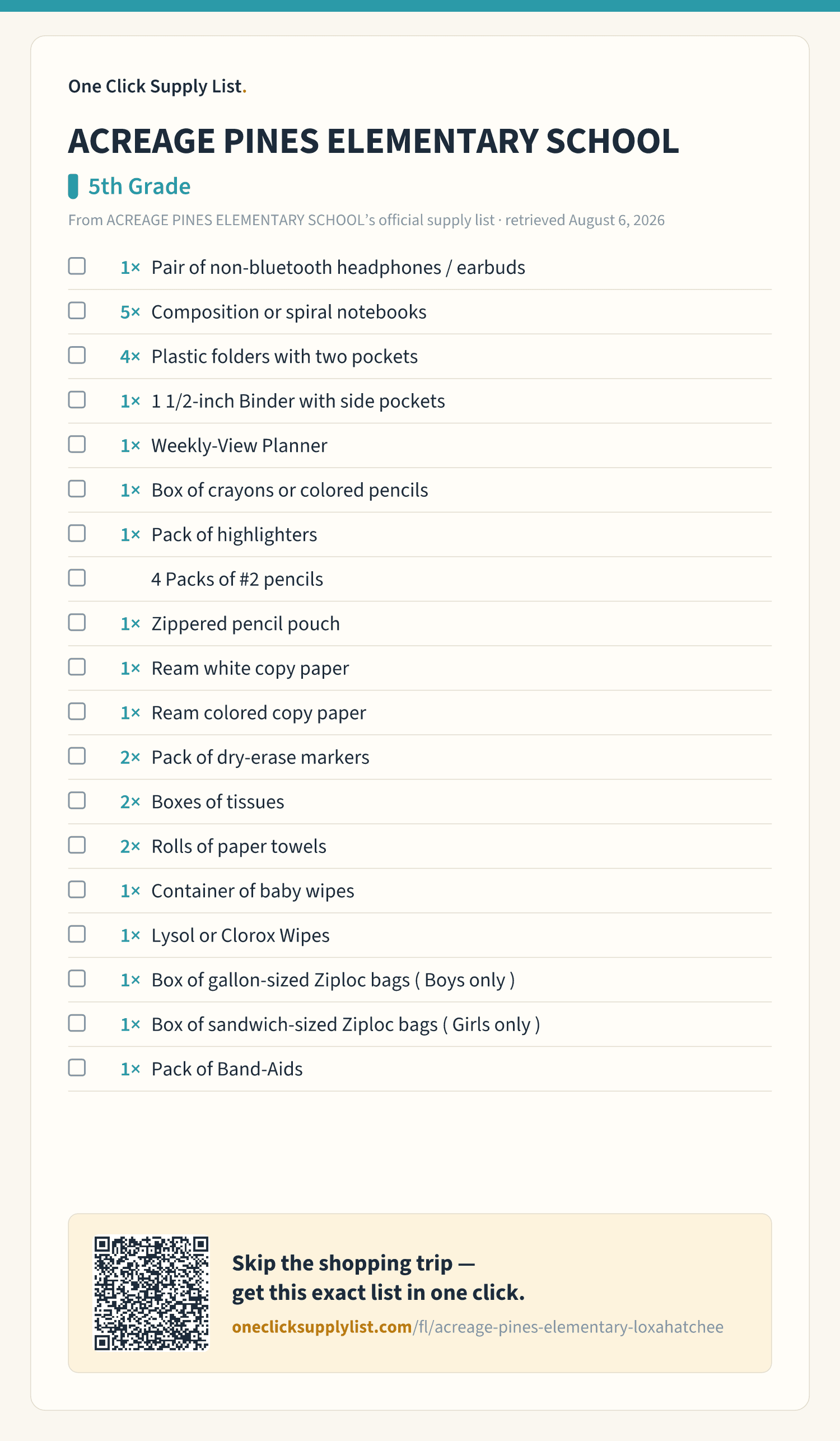 ACREAGE PINES ELEMENTARY SCHOOL 5th Grade supply list — printable image