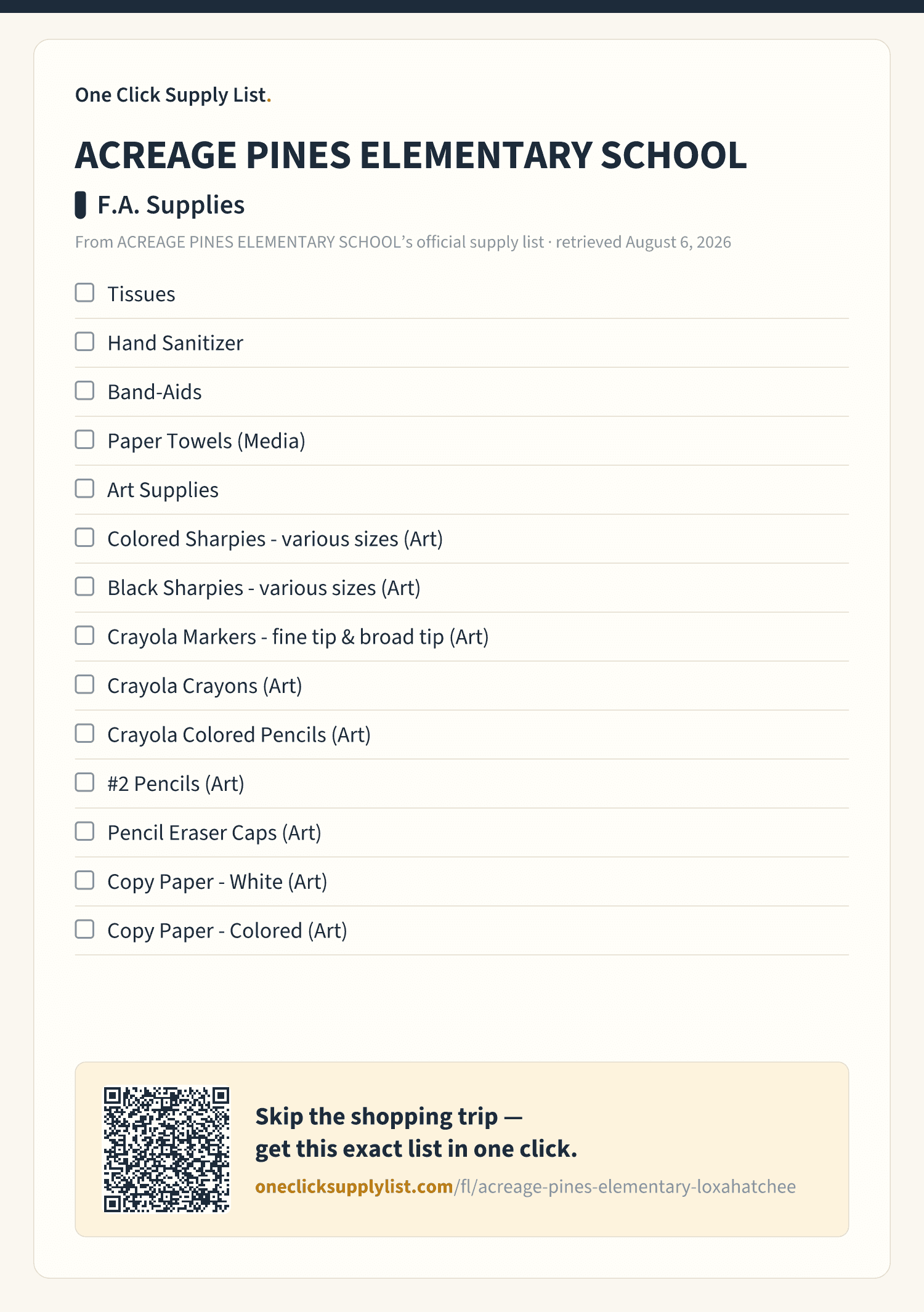 ACREAGE PINES ELEMENTARY SCHOOL F.A. Supplies supply list — printable image