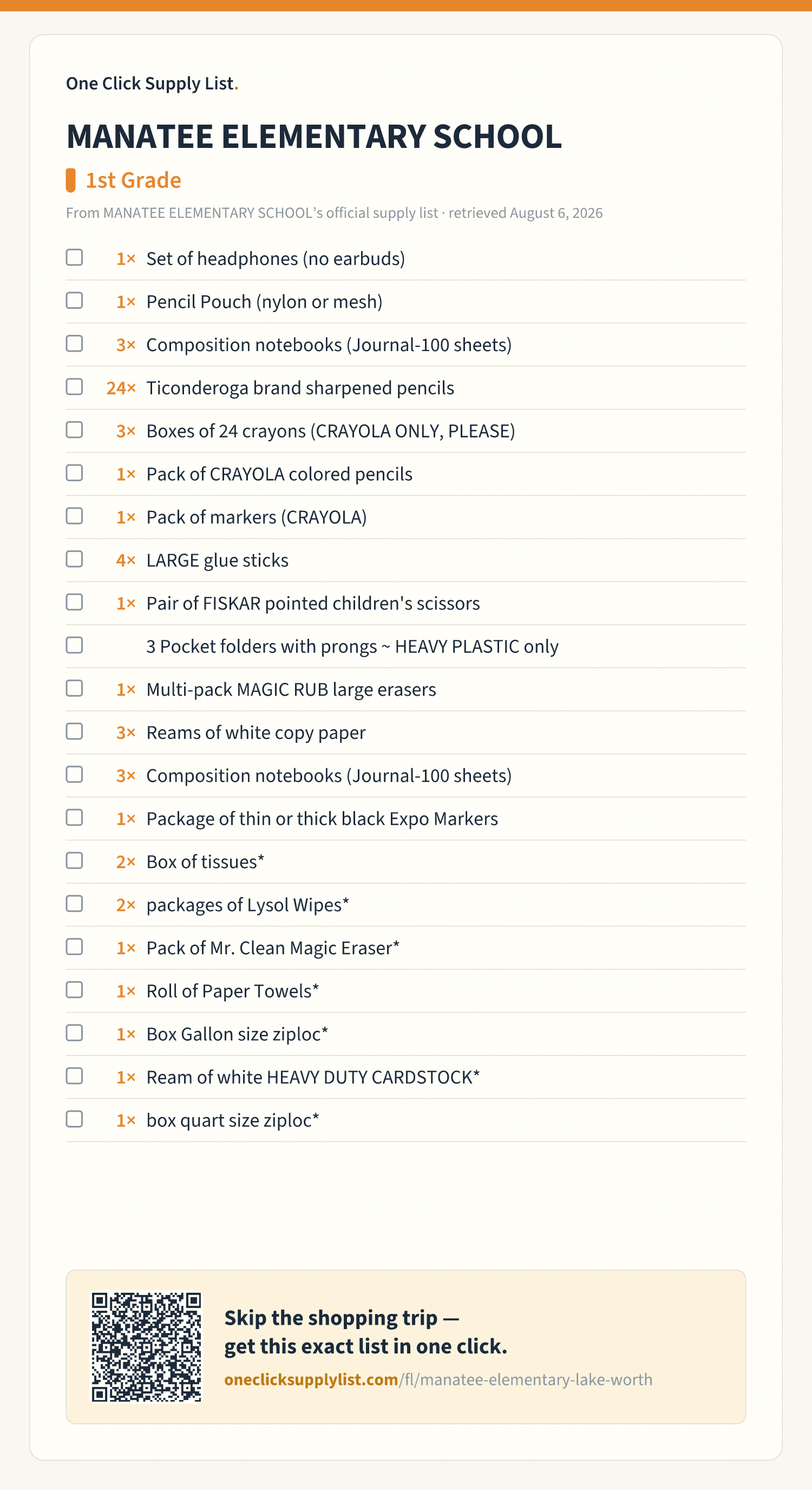 MANATEE ELEMENTARY SCHOOL 1st Grade supply list — printable image