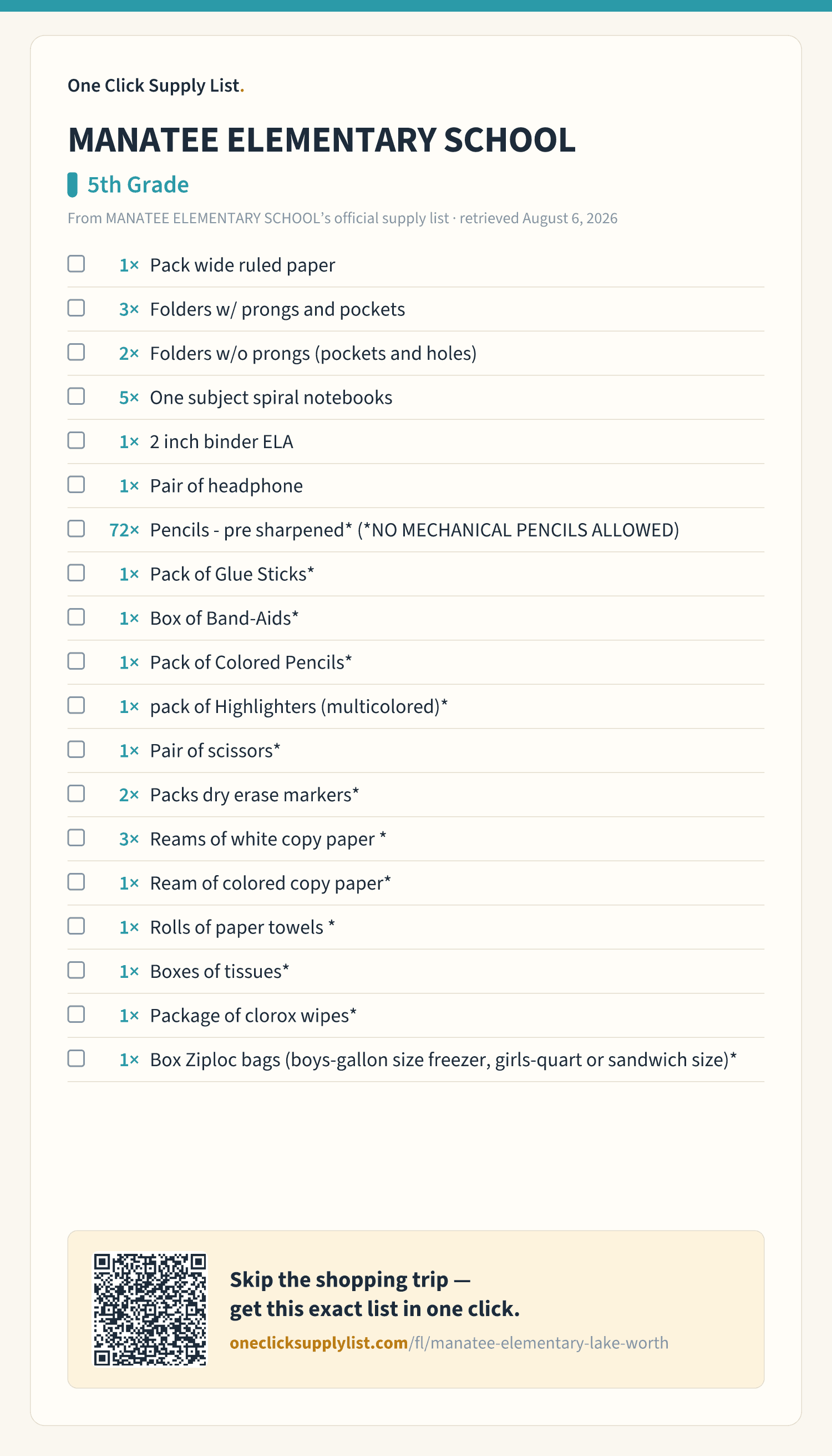 MANATEE ELEMENTARY SCHOOL 5th Grade supply list — printable image