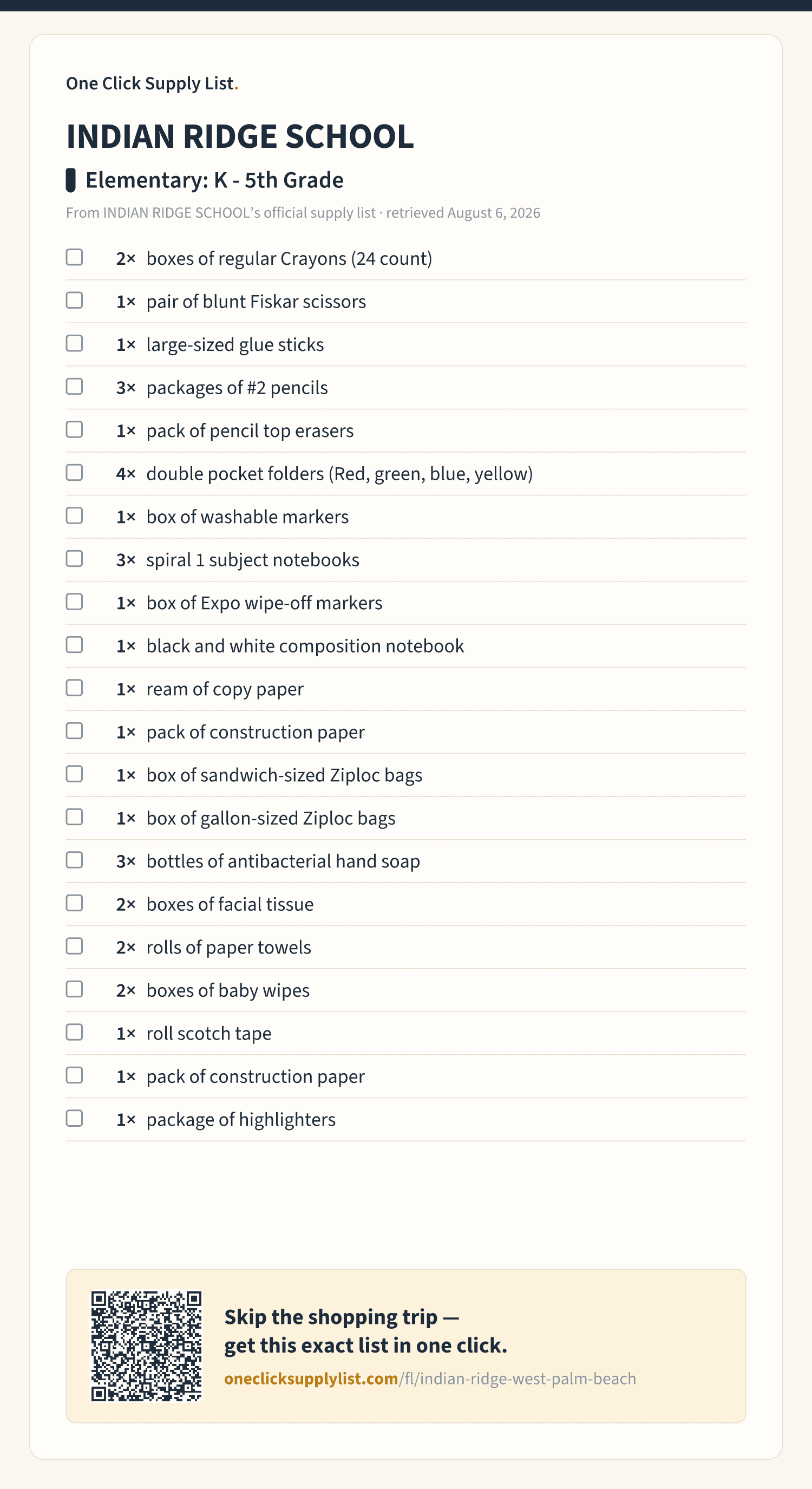 INDIAN RIDGE SCHOOL Elementary: K - 5th Grade supply list — printable image