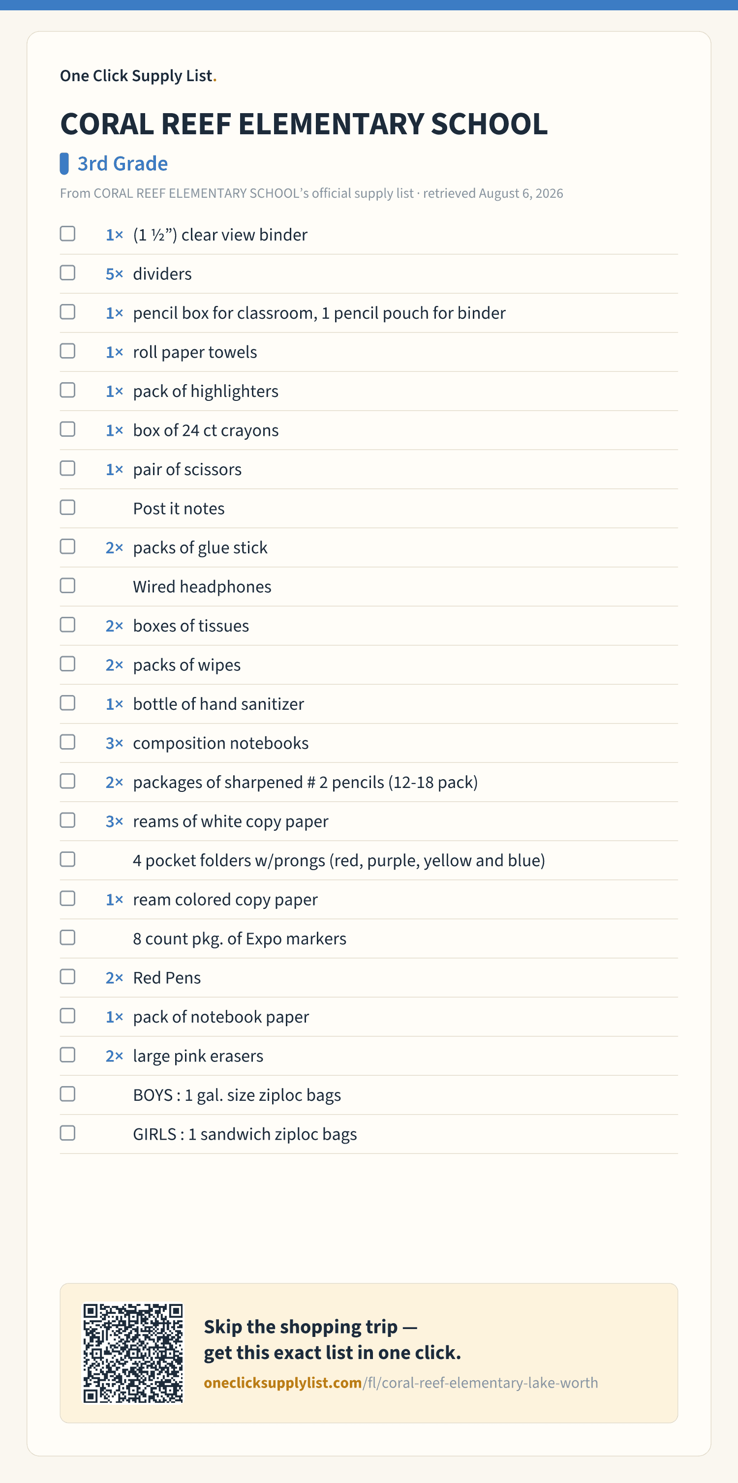 CORAL REEF ELEMENTARY SCHOOL 3rd Grade supply list — printable image