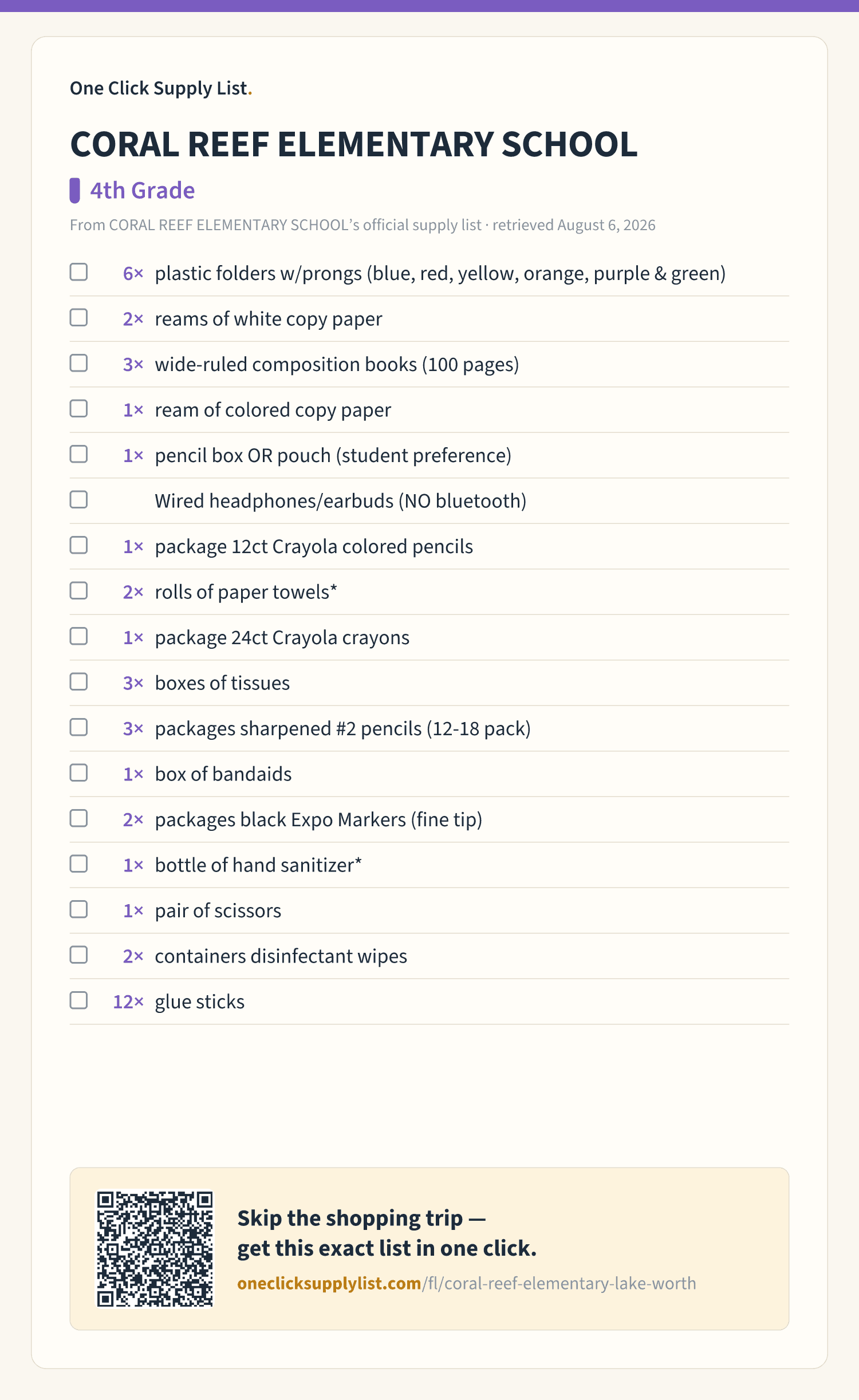 CORAL REEF ELEMENTARY SCHOOL 4th Grade supply list — printable image